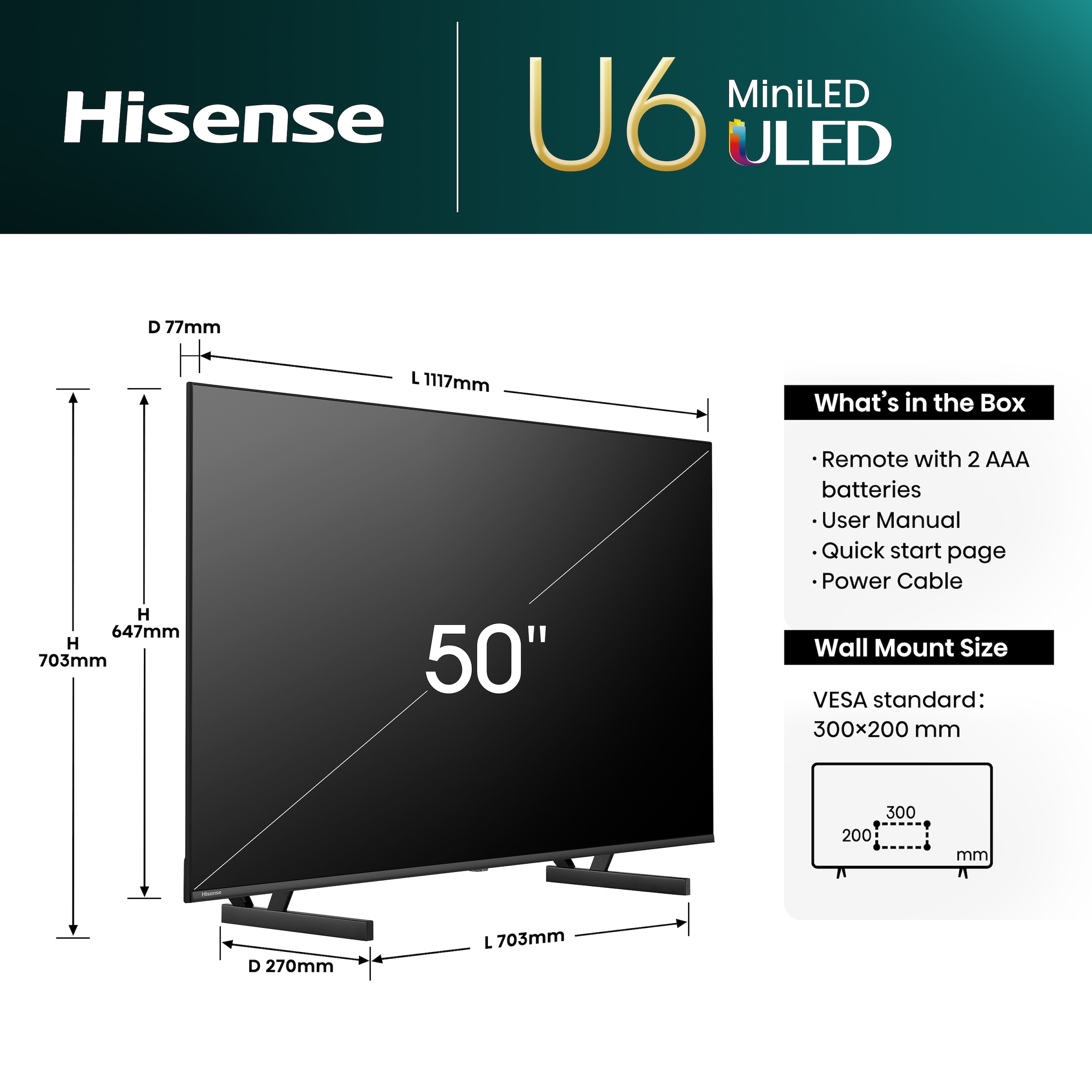 Hisense Mini-LED-Fernseher »50U6NQ«, 4K Ultra HD, Smart-TV, 4KUHD, ULED, Mini LED
