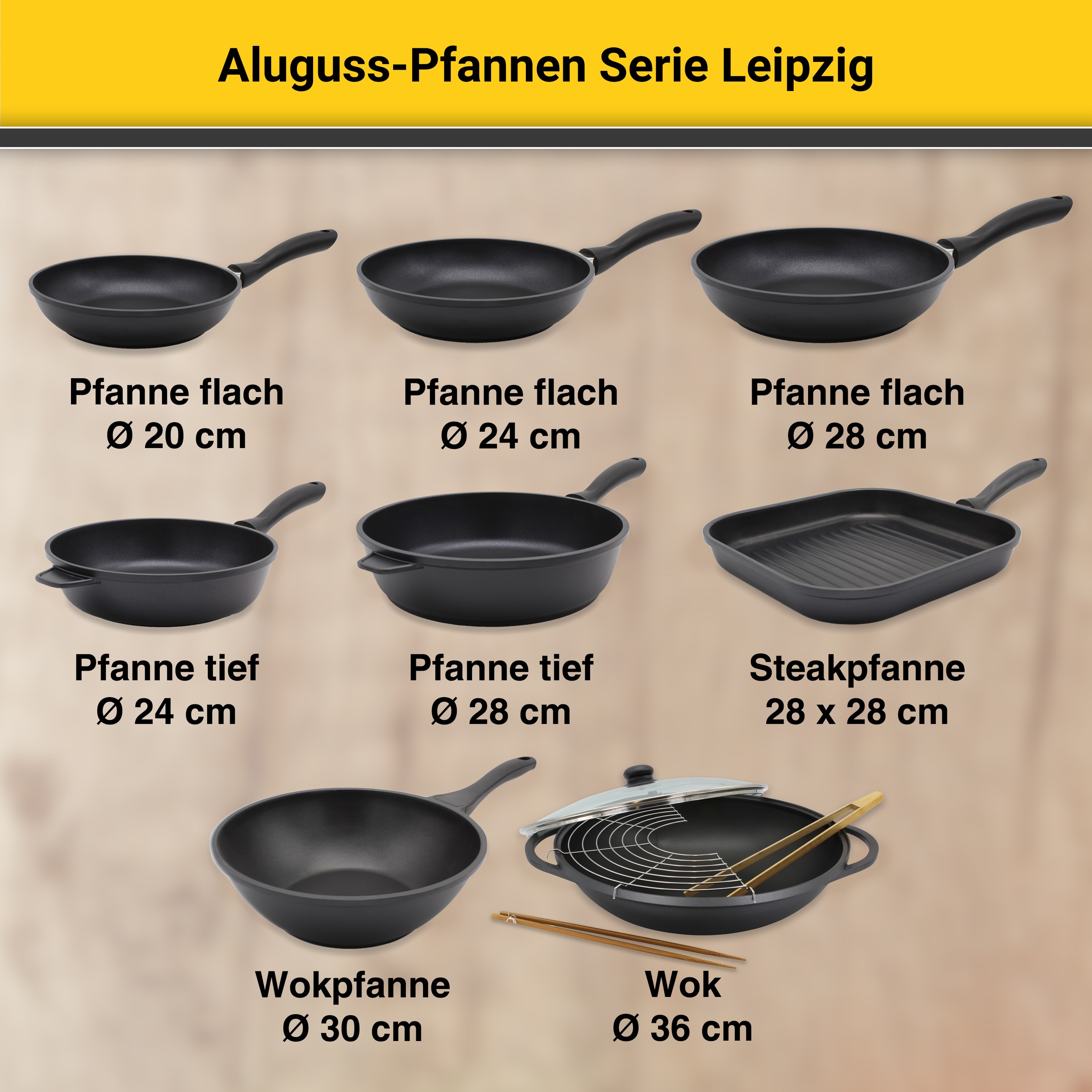 Krüger Topf-Set »Aluguss Topf-/ Pfannenset LEIPZIG inkl. Küchenhelfern, 15 tlg.«, Aluminiumguss, (Set, 15 tlg., Fleischtopf 16+20+24 cm, Pfanne flach 20+28 cm, 7 tlg. Küchenhelferset), inkl. 7-tlg. Küchenhelfer-Set