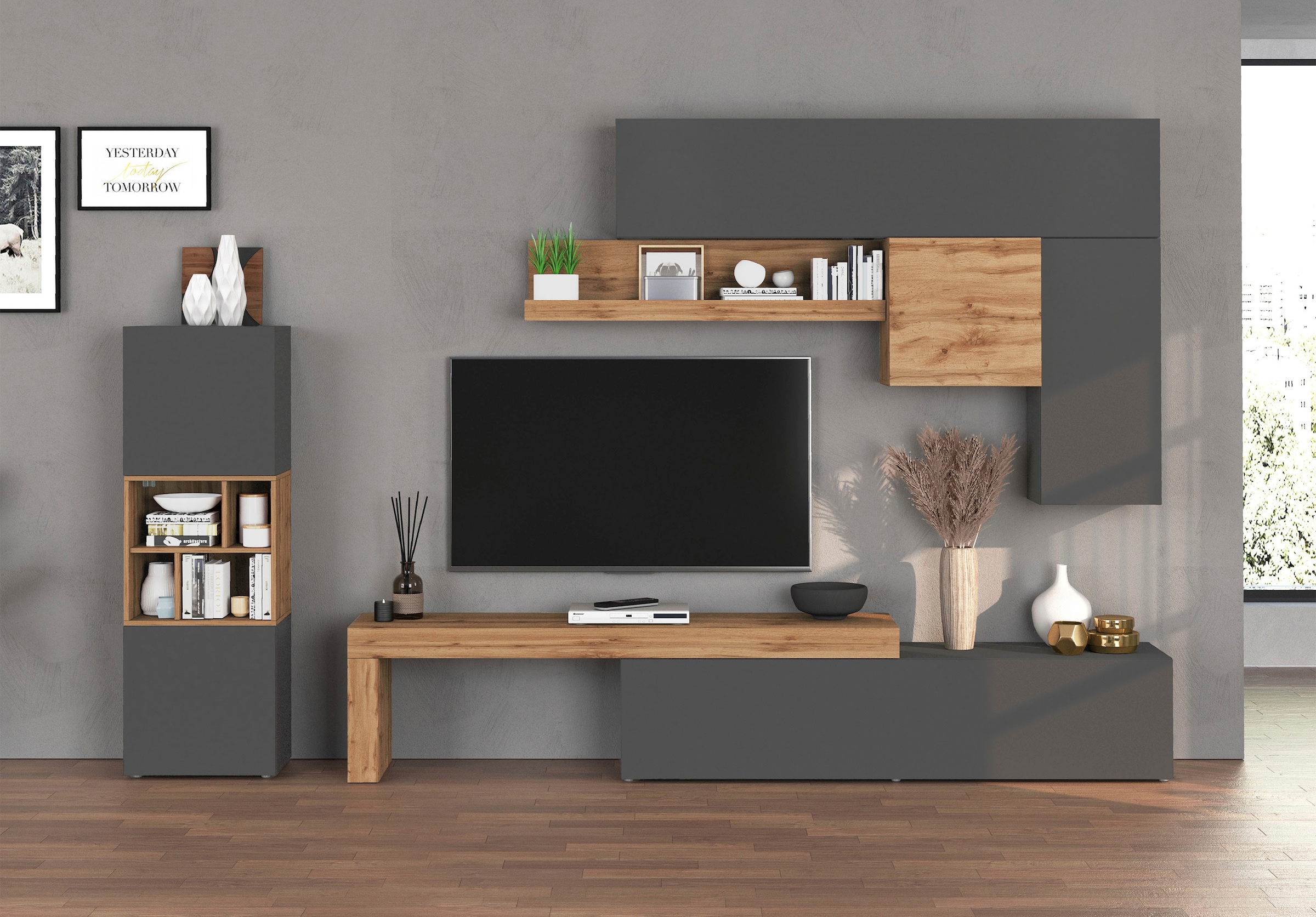 INOSIGN Wohnwand »Chronos Wohnwand, Medienwand, 8-er set«, (Set, 8 St.), ca. 320 cm mit Hängeschränke, Würfel, Regal, Lowboard, Made in Italy