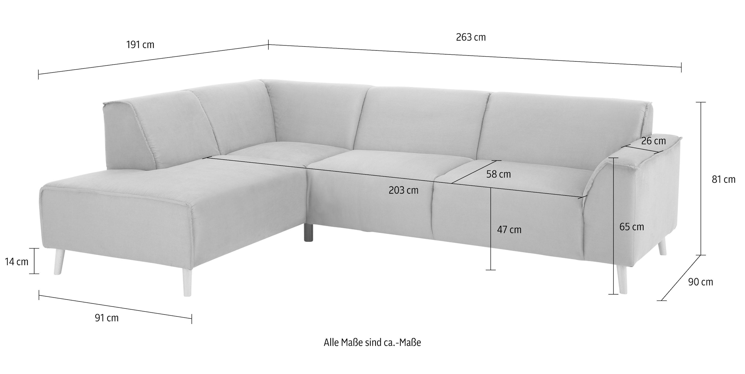 Home affaire Ecksofa »Julia L-Form«, Federkern-Polsterung, Holzfüße, Keder