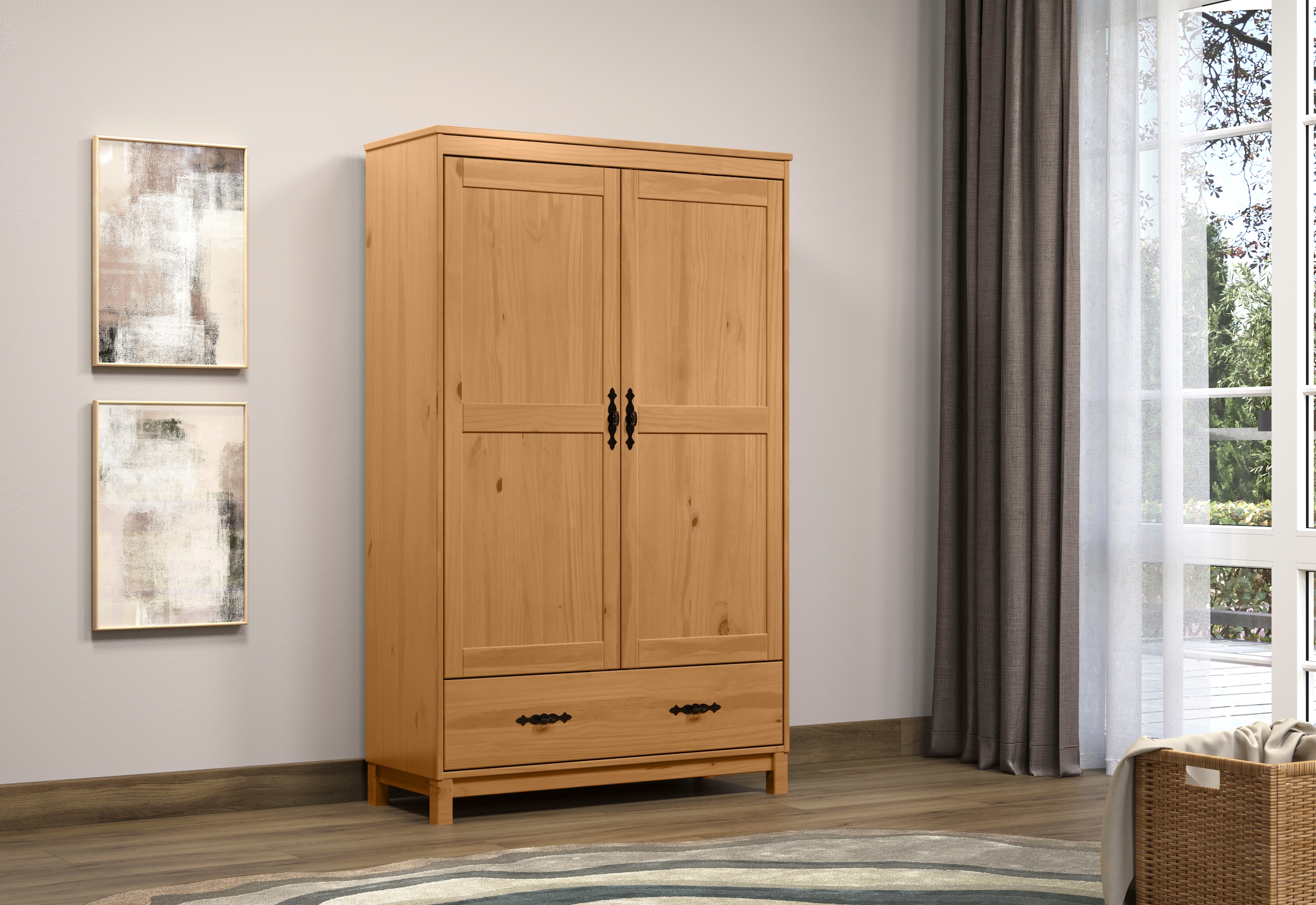 Home affaire Kleiderschrank »Sandnes Kieferschrank Schlafzimmer Schrank TOPSELLER weiß«, (1 St., natürlicher Landhaus-Look B/T/H: 96x38x155cm), Drehtürenschrank aus Massivholz mit besonderen Metallgriffen