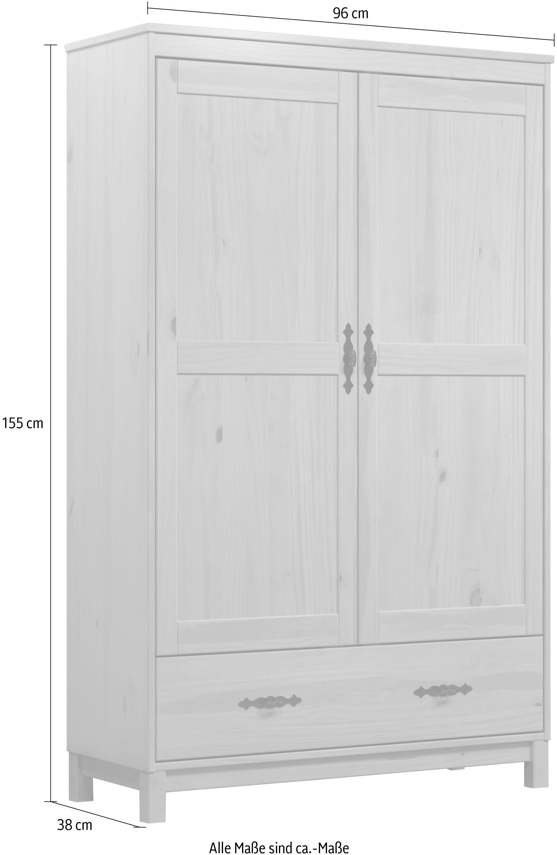 Home affaire Kleiderschrank »Sandnes Kieferschrank Schlafzimmer Schrank TOPSELLER weiß«, (1 St., natürlicher Landhaus-Look B/T/H: 96x38x155cm), Drehtürenschrank aus Massivholz mit besonderen Metallgriffen