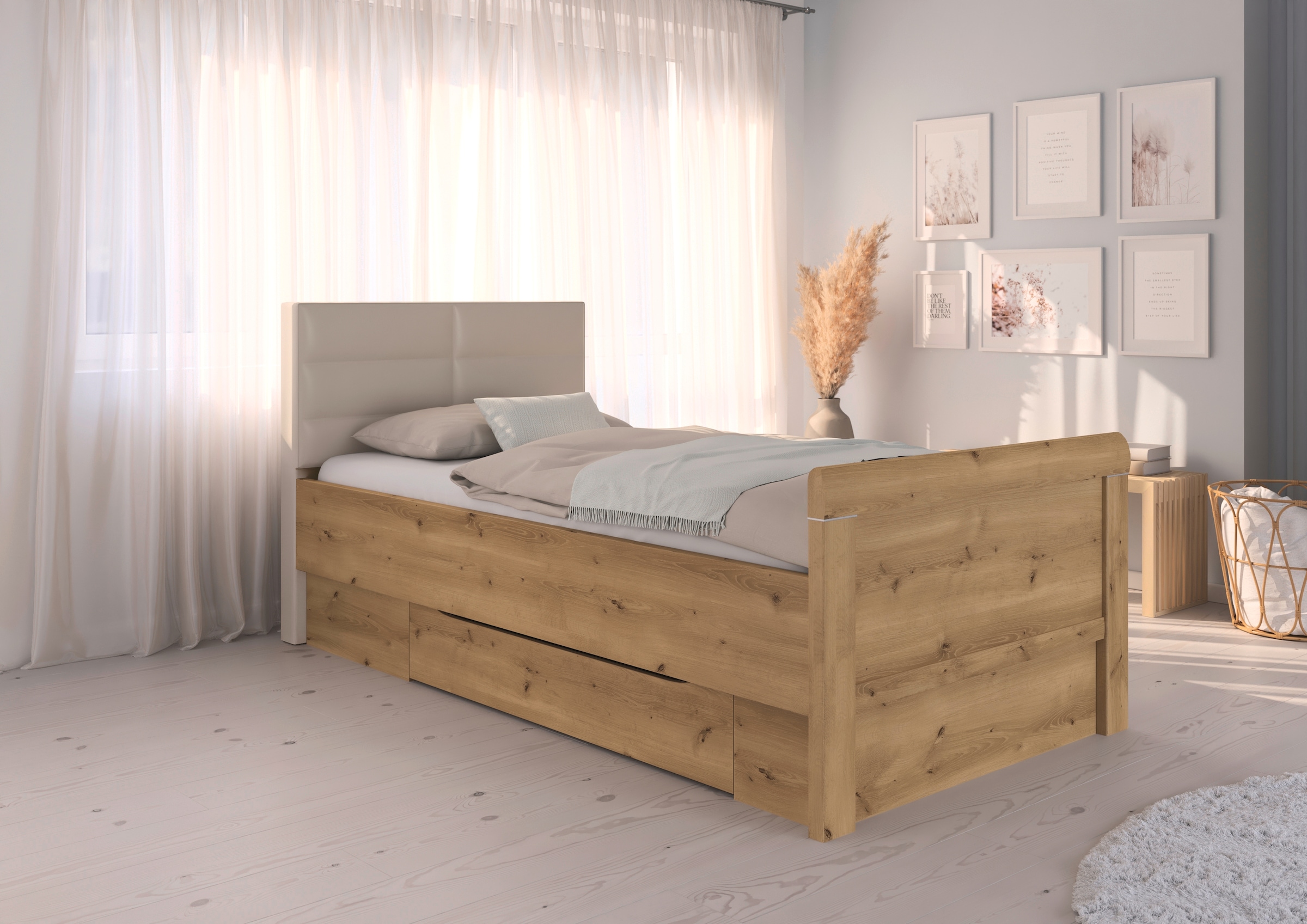 rauch Stauraumbett »Bett Einzelbett Stollenbett Bettkästen EVELYN«, in Komforthöhe mit Polsterkopfteil sowie Schubladen MADE IN GERMANY