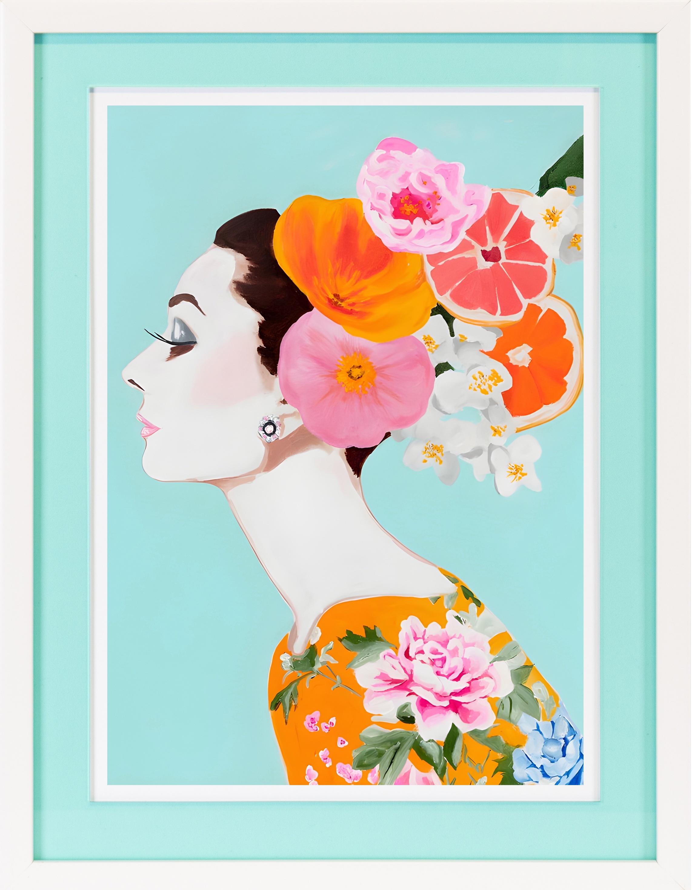 queence Bild mit Rahmen »Frau, Profil, Blumen«, Bilder von Frauen-Blumen-Blumenbilder-Frau, (1 St.), Poster mit buntem Acrylglas Passepartout