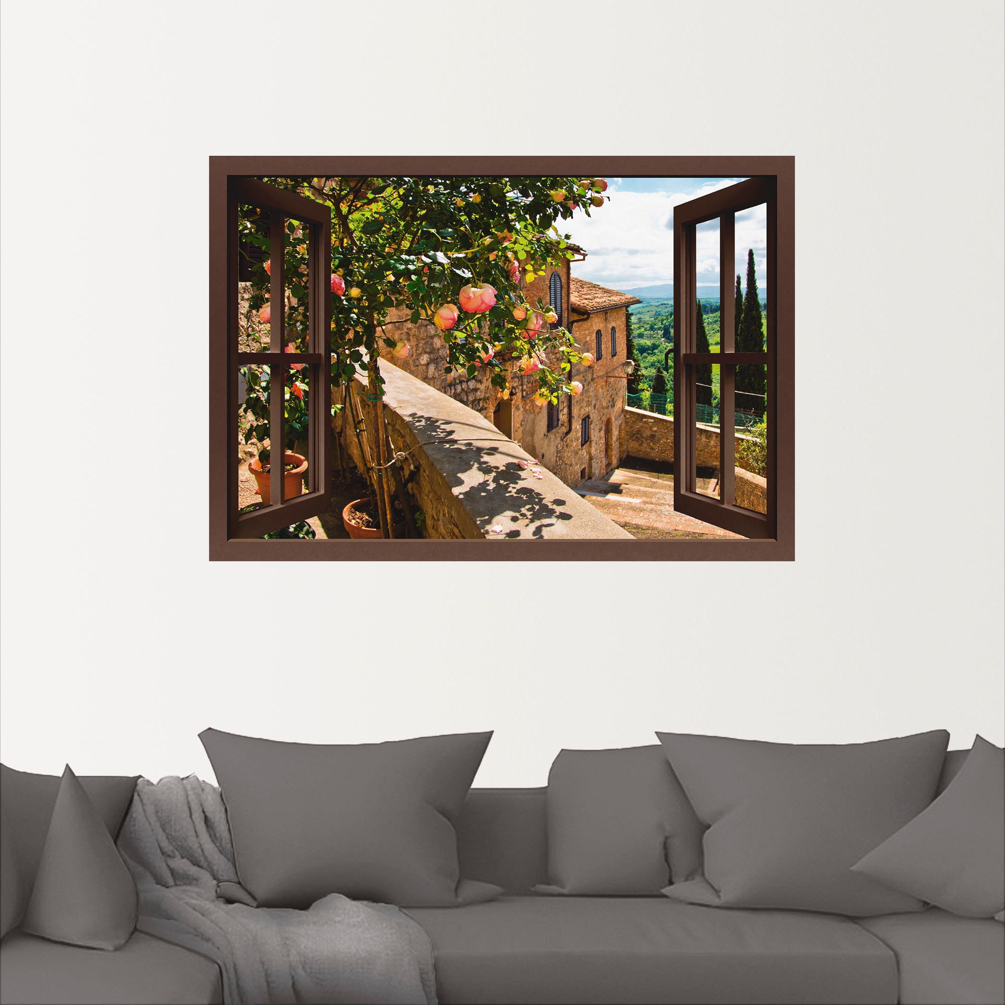 Artland Wandbild »Fensterblick Rosen auf Balkon Toskana«, Garten, (1 St.), als Alubild, Outdoorbild, Leinwandbild, Poster, Wandaufkleber