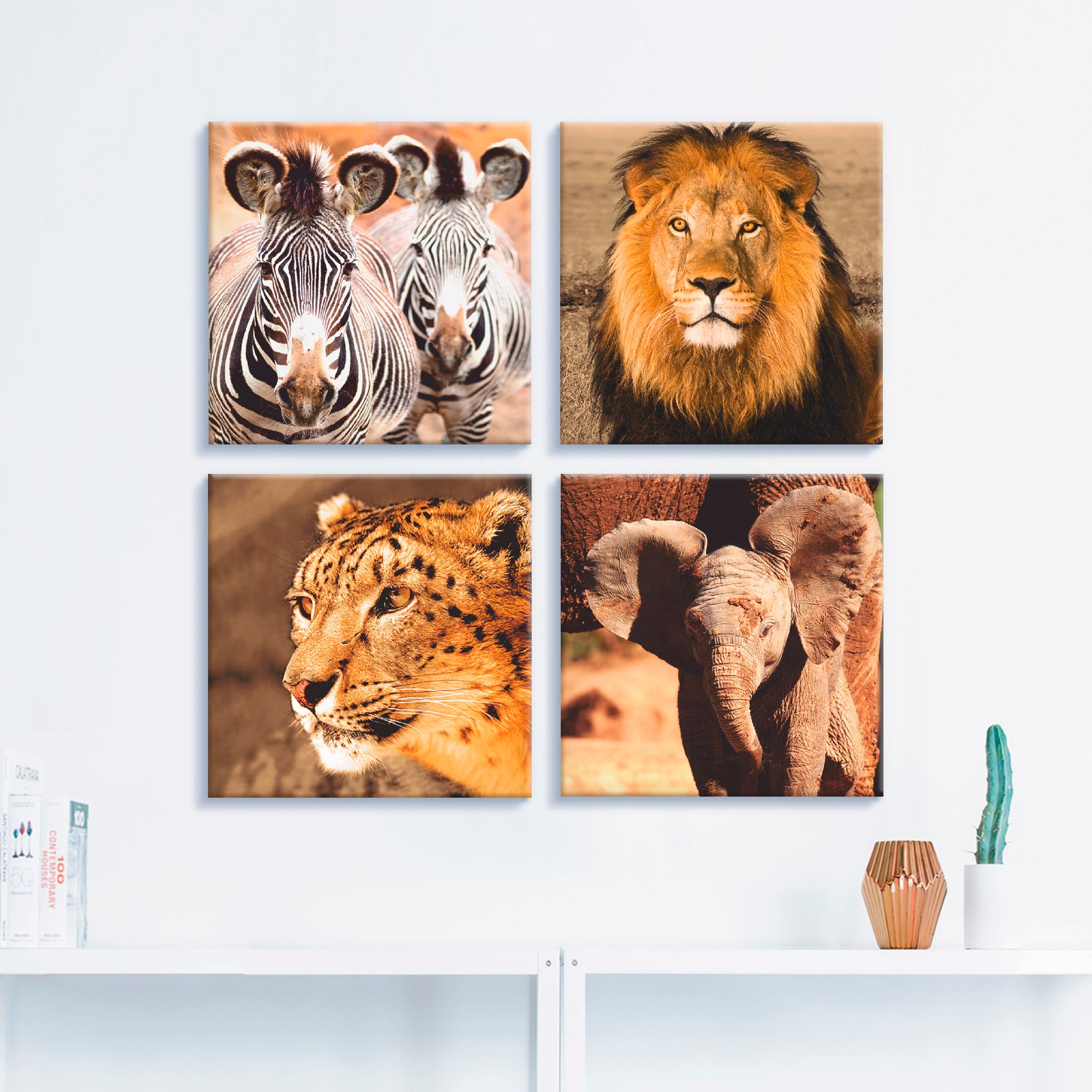 Artland Leinwandbild »Zebras Löwe Schneeleopard Elefanten«, Wildtiere, (4 St.), 4er Set, verschiedene Größen