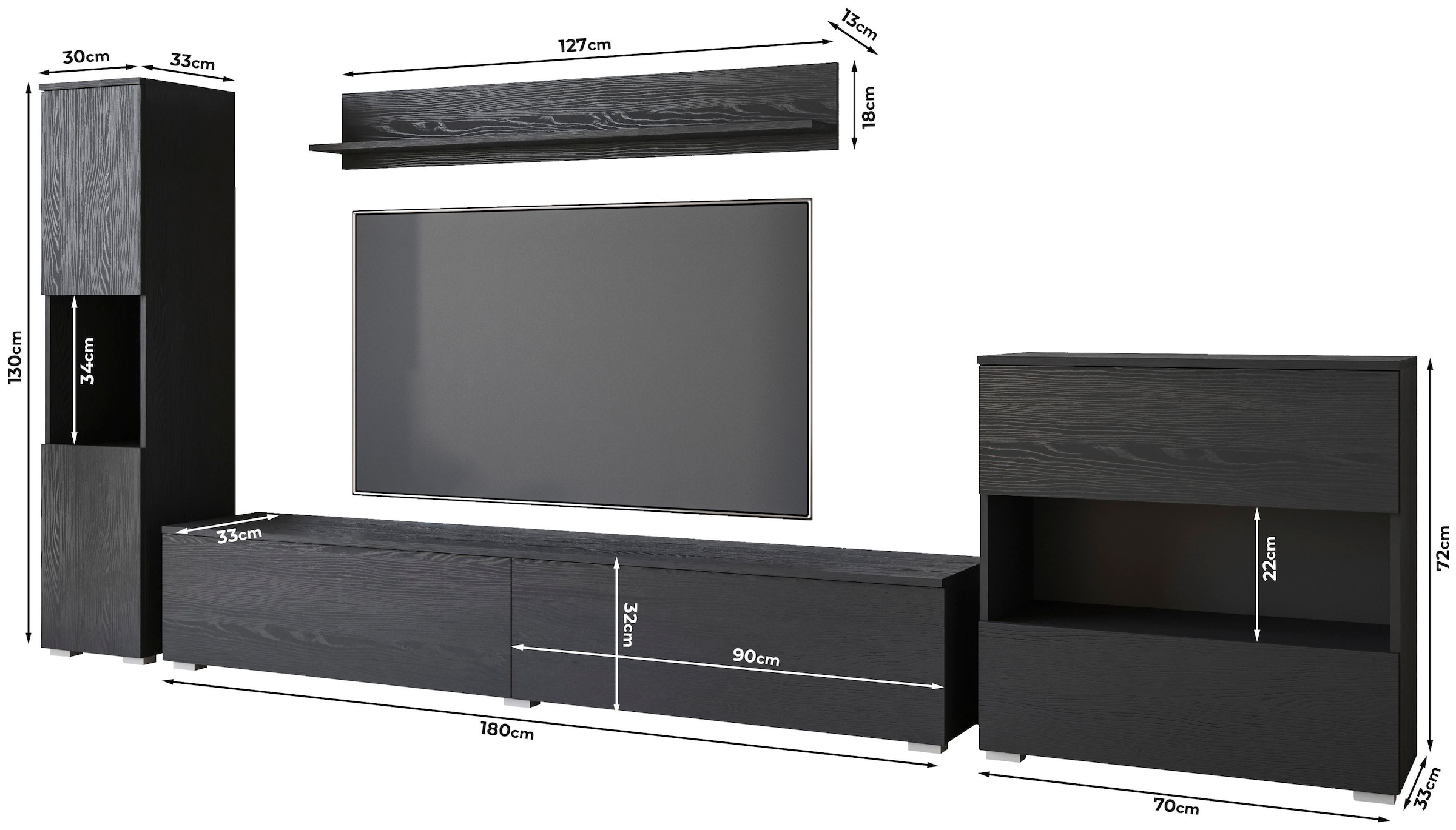 INOSIGN Wohnwand »PARIS, Vitrine Türanschlag links/rechts wechselbar«, (Komplett-Set, 4 St.), grifflose Design, stehend und hängend montierbar