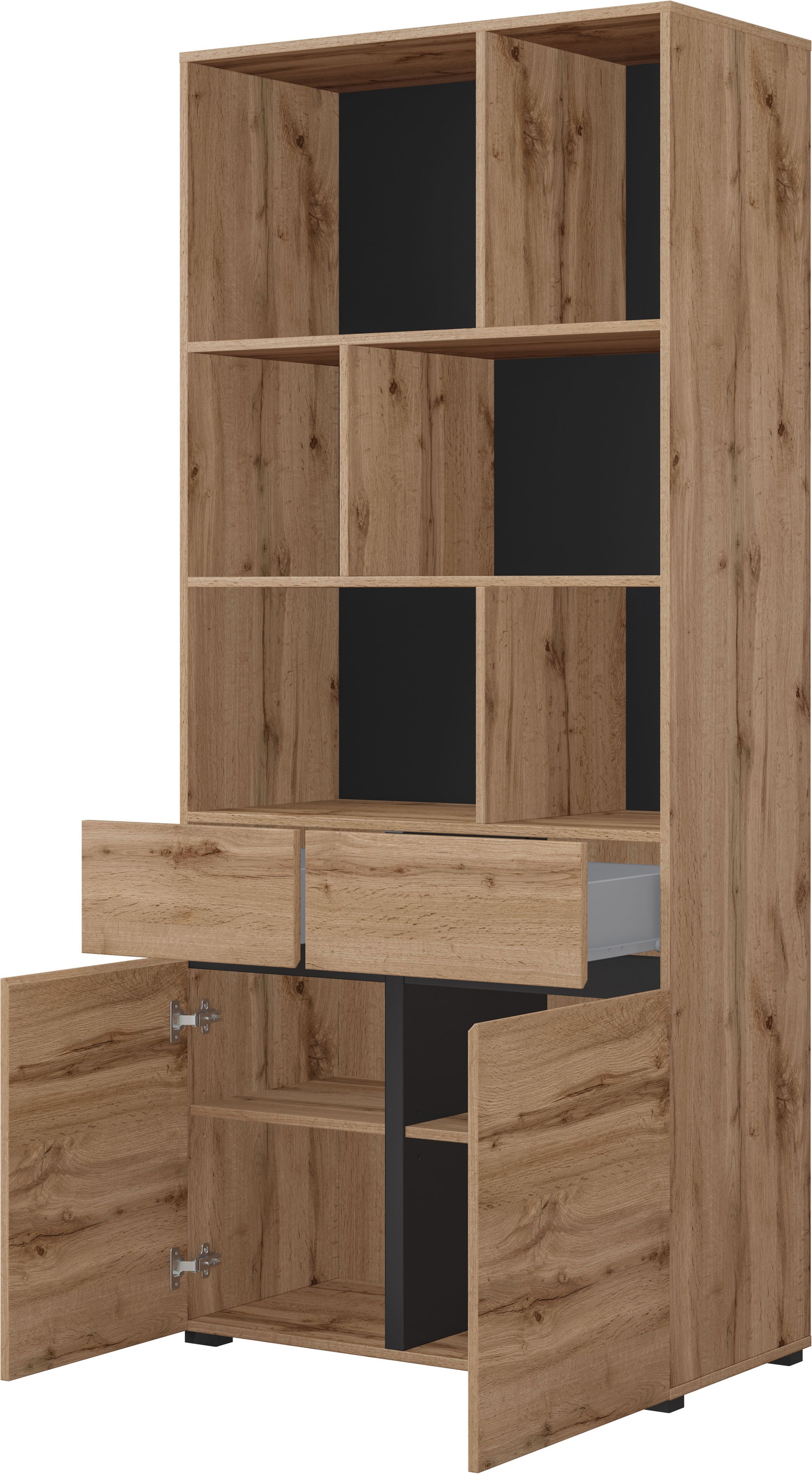 OTTO home Aktenschrank »Cross, Breite 85 cm, modernem grifflose Standregal, Bücherregal« Standregal mit 6 offene Fächern, 2 Schubladen und 2 Türen, Büroregal