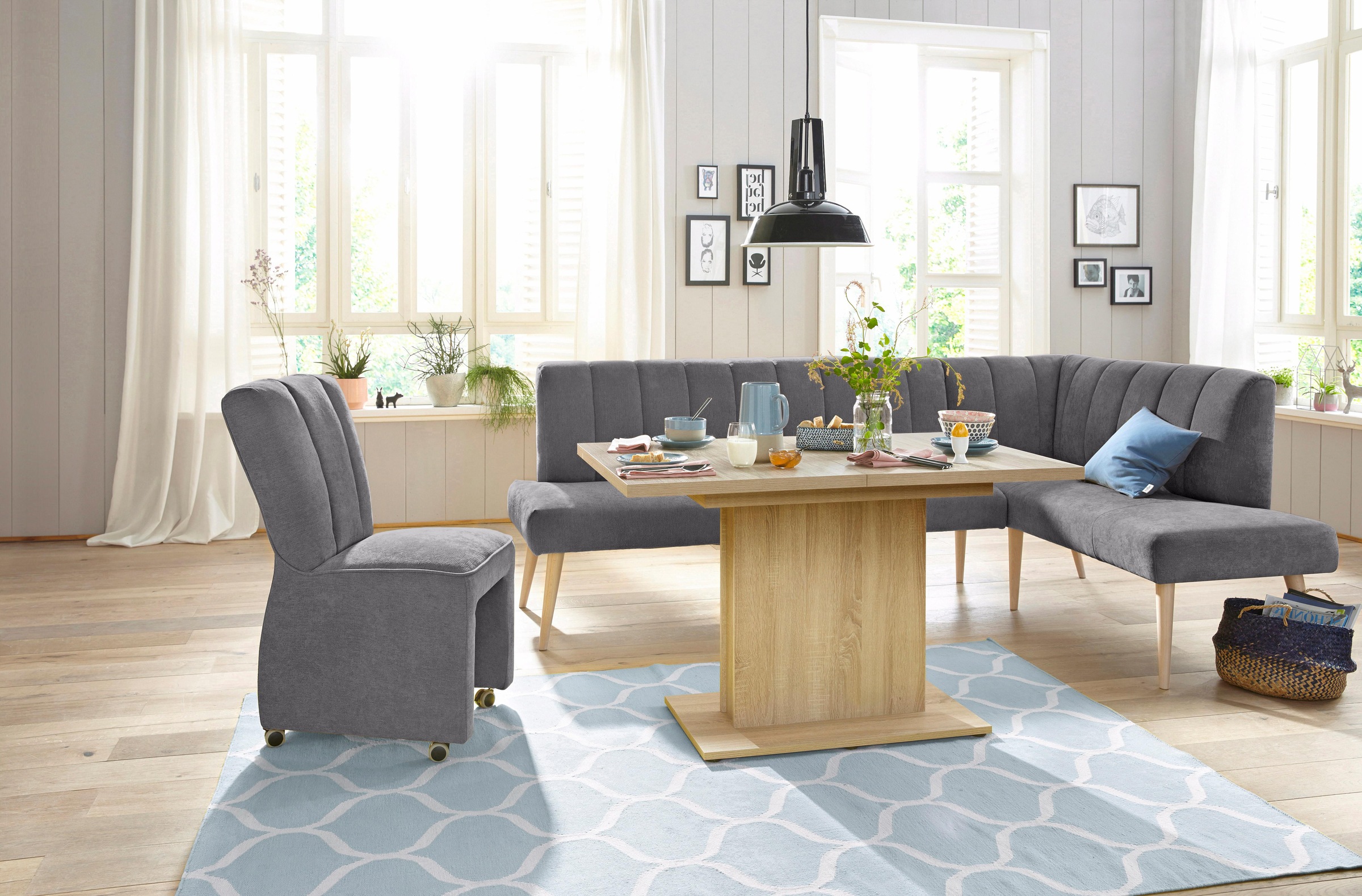 exxpo - sofa fashion Eckbank »Costa, moderne Rückensteppung, bequem und elegant, hoher Holzfuß«, hochwertig verarbeitet, Frei im Raum stellbar
