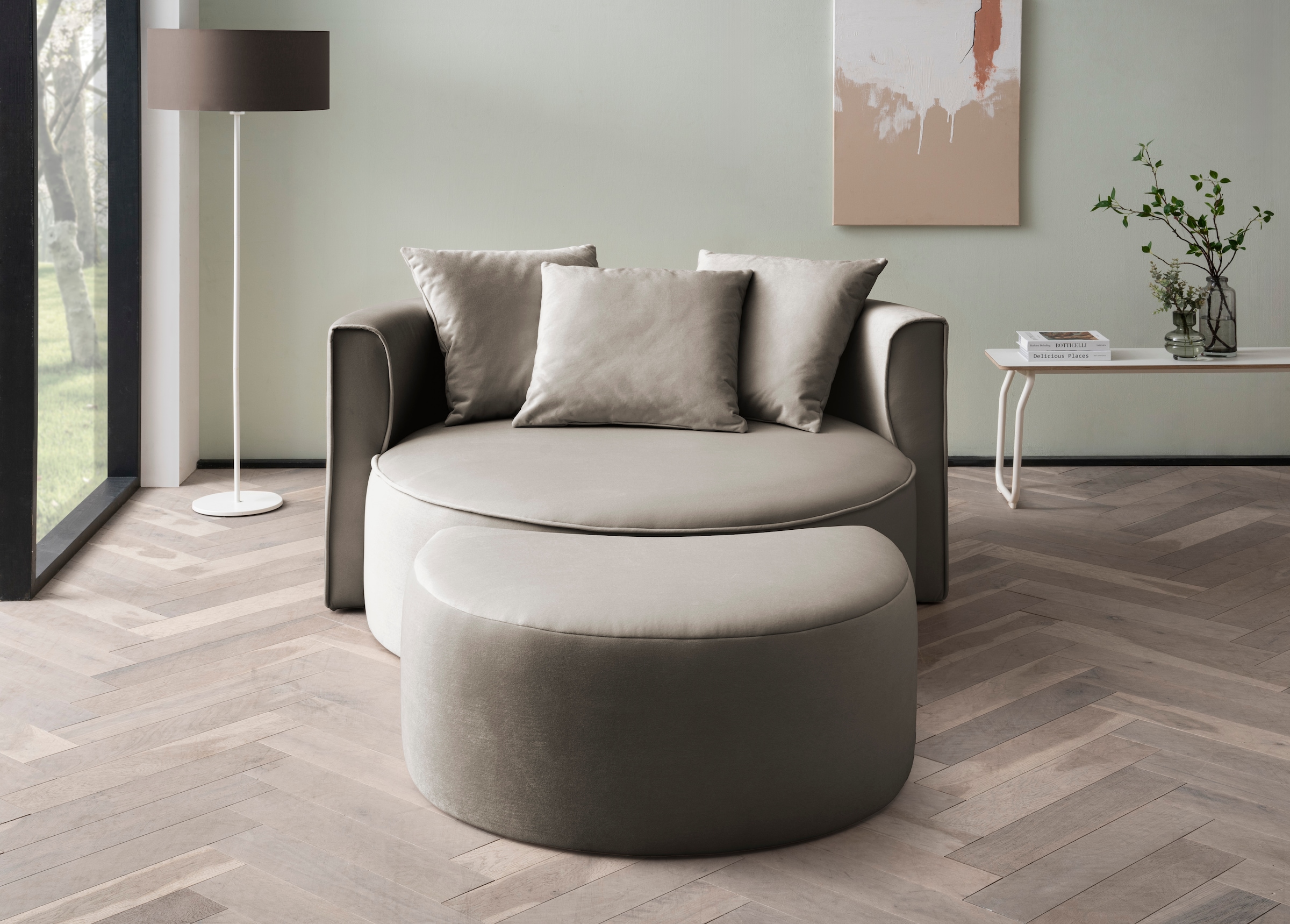 LeGer Home by Lena Gercke XXL-Sessel »Isalie, Rundsessel mit Hocker, Lesesessel, Loveseat, Big-Sessel«, (Set), trendige Stoffe, mit 3 Zierkissen, große Sitzfläche