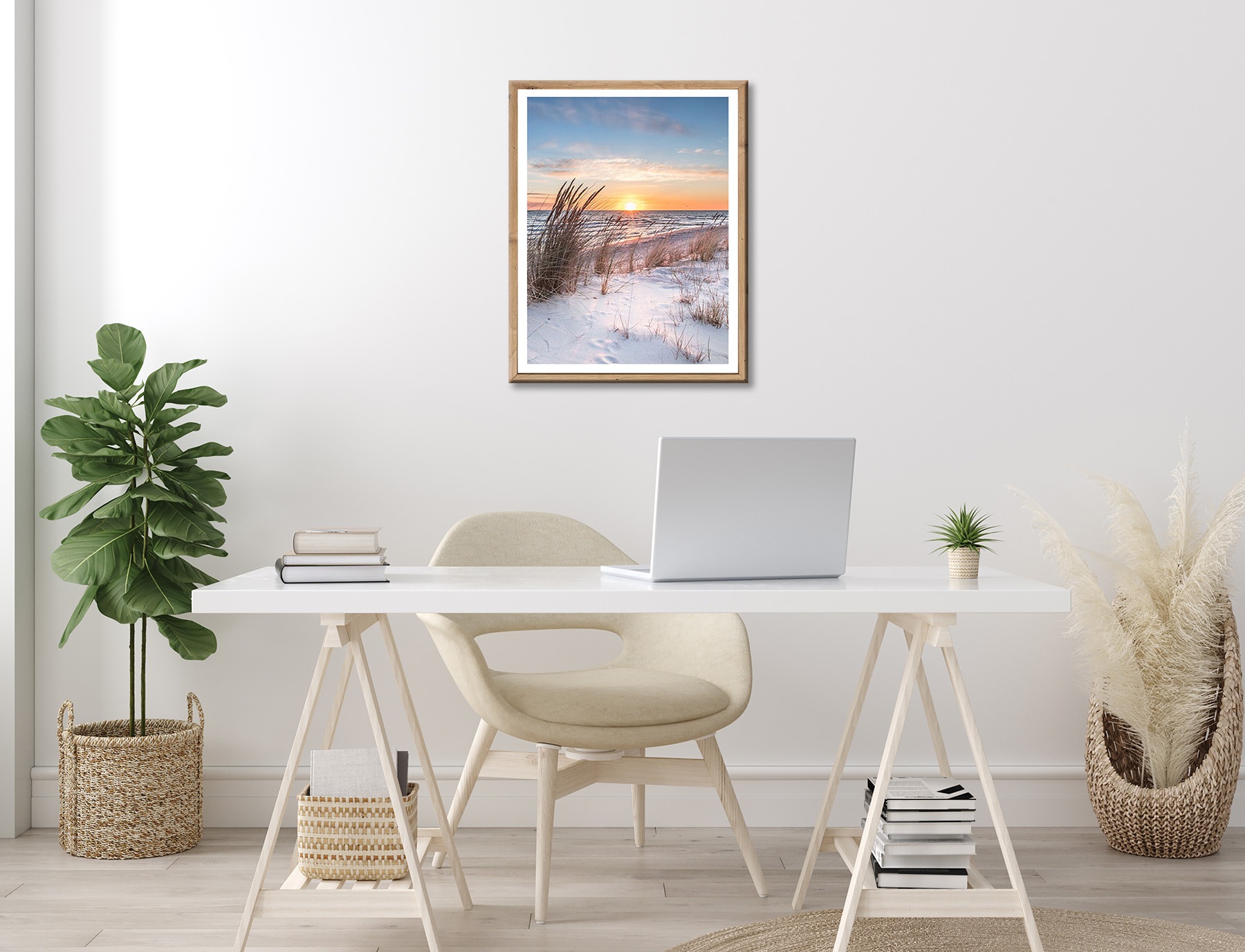 Bönninghoff Bild mit Rahmen »Wandbild gerahmt SONNENUNTERGANG 40x50 cm – Natur Wanddeko modern« Düne | Gräser | Küste | Landschaft | Meer | Natur | Sonnenaufgang & -untergang | Strand 1 Stk. tlg. mit dekorativem Rahmen