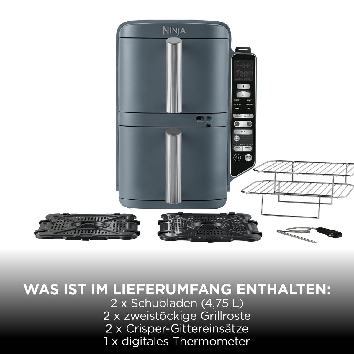 NINJA Heißluftfritteuse »Ninja Double Stack XL Heißluftfritteuse mit 2 Schubladen 9,5 L – Blau« 2450 W