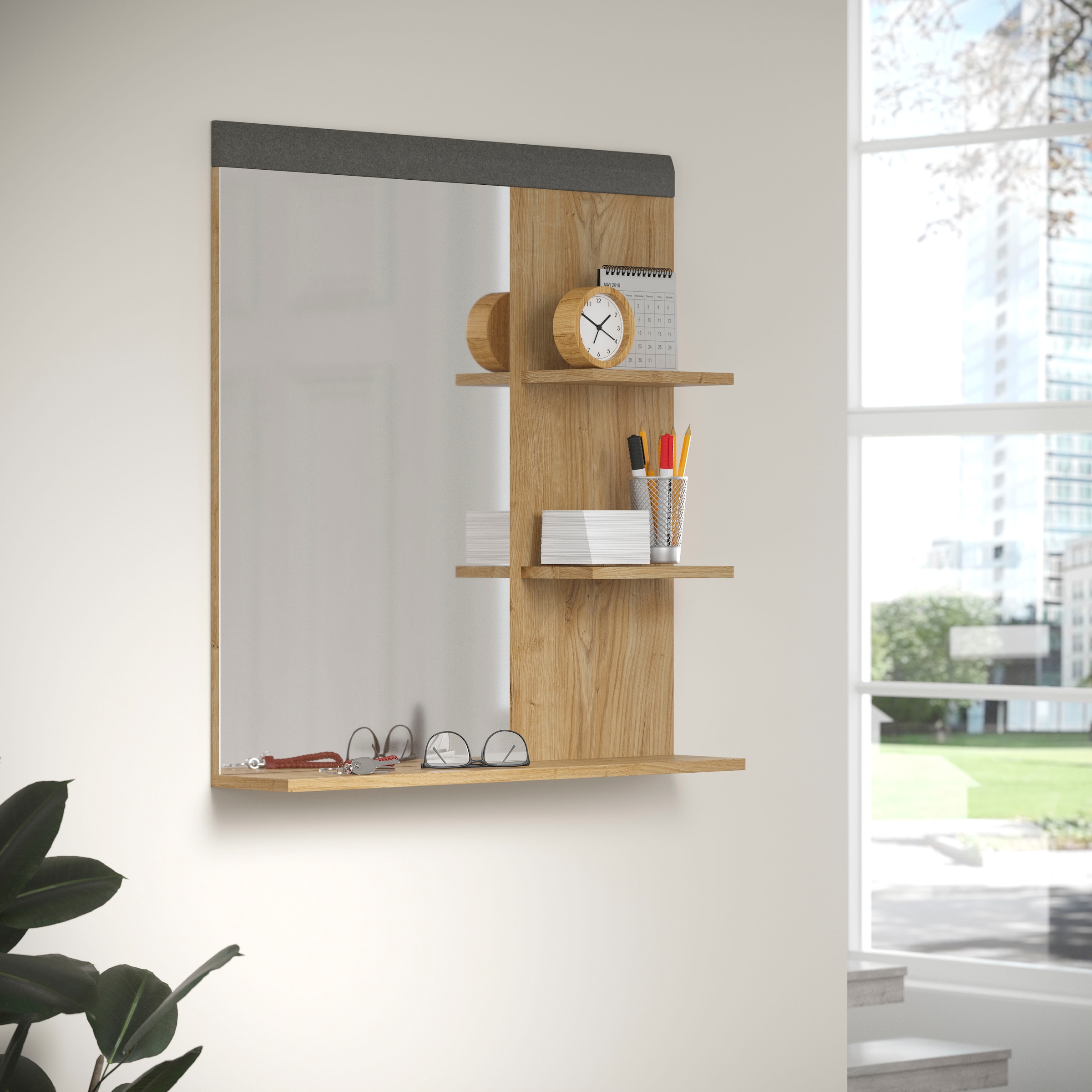 Places of Style Garderobenspiegel »Belva«, (1 St.), eichefarbener Wandspiegel mit 3 Ablagen - (B/T/H) 79/16/85 cm