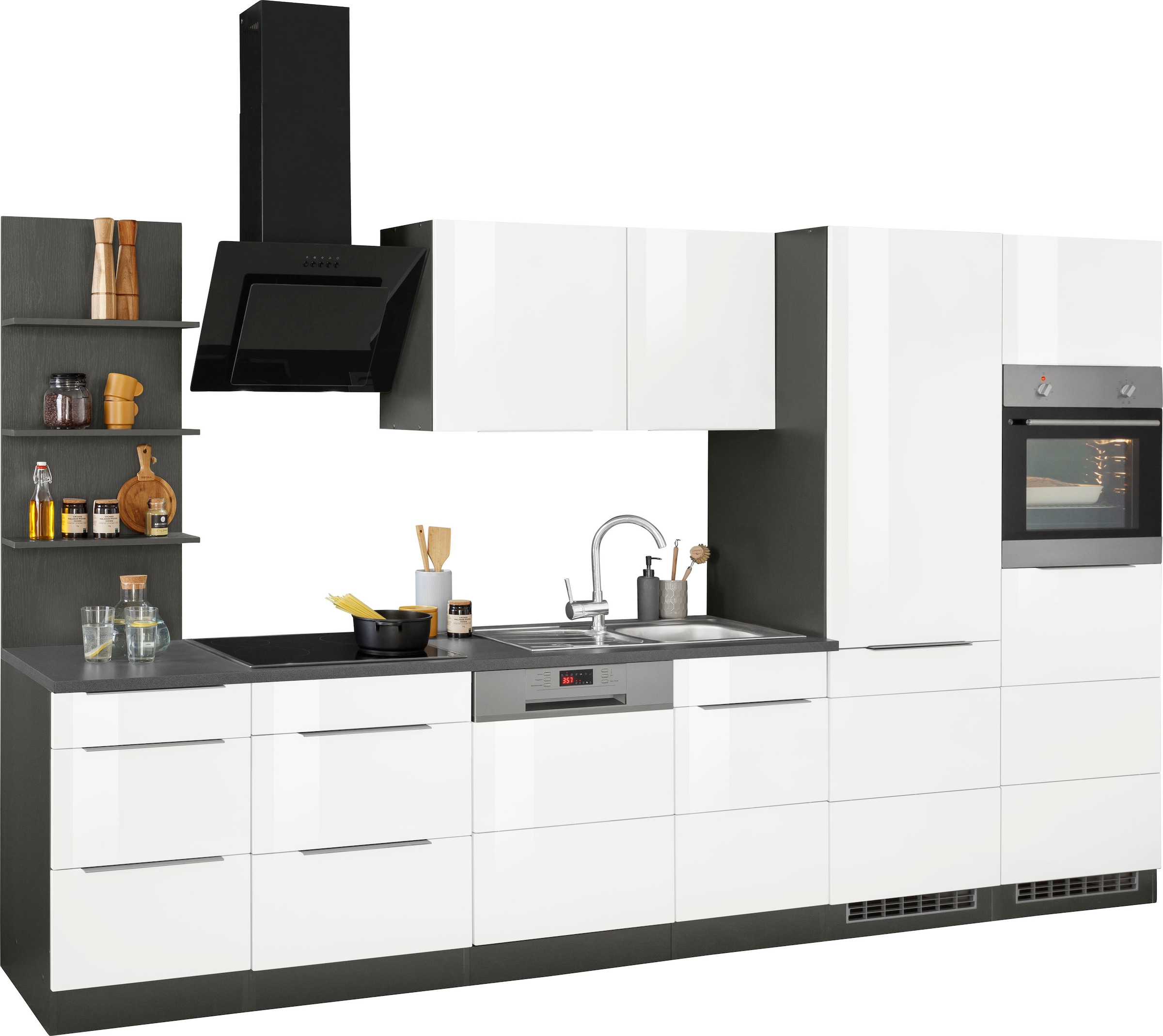 KOCHSTATION Küchenzeile »KS-Brindisi Breite 340 cm« wahlweise mit E-Geräten und Induktion, mit MDF-Fronten und Regal