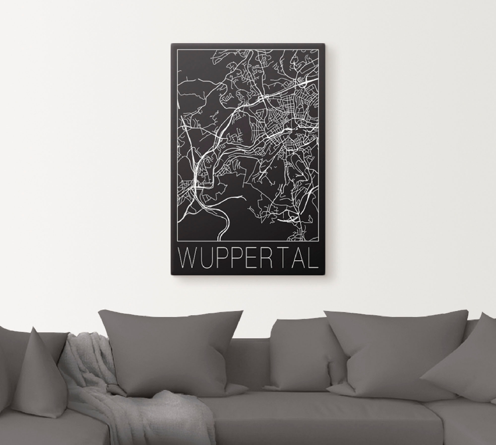 Artland Leinwandbild »Retro Karte Wuppertal Schwarz«, Deutschland, (1 St.), auf Keilrahmen gespannt