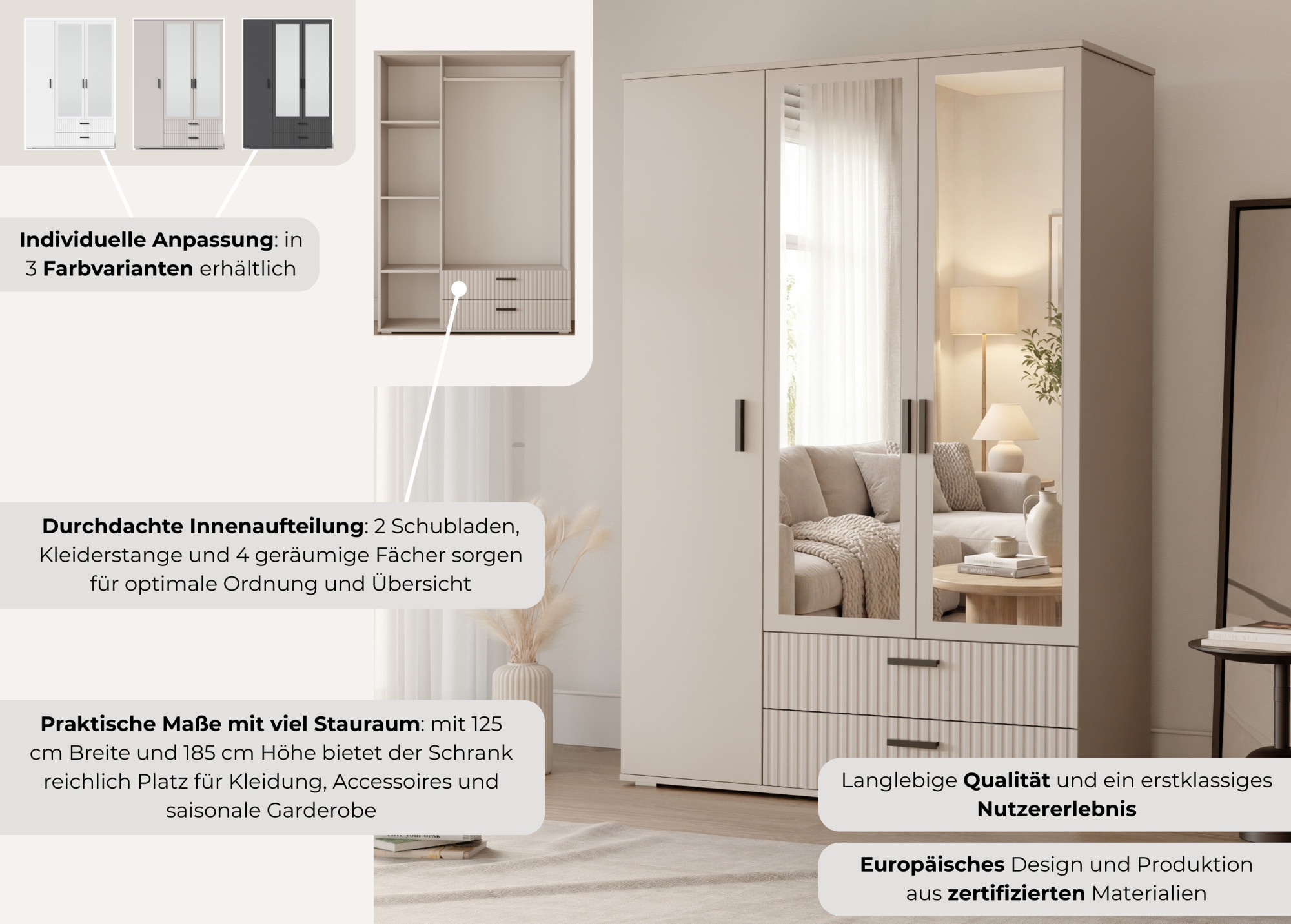 OTTO home Kleiderschrank »KOLLINE, modern mit viel Stauraum & geriffelter Struktur« H/B/T ca. 190/135/52cm,  Garderobe 4 Fächer, Kleiderstange, 2 Schubladen, 2 Spiegel