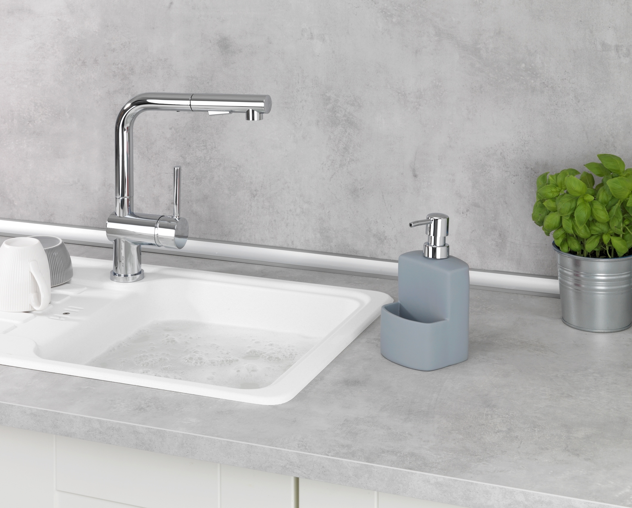 WENKO Spülmittelspender »Modell Festival« aus Keramik, Soft-Touch Beschichtung, mit Spülschwamm-Fach, 380 ml