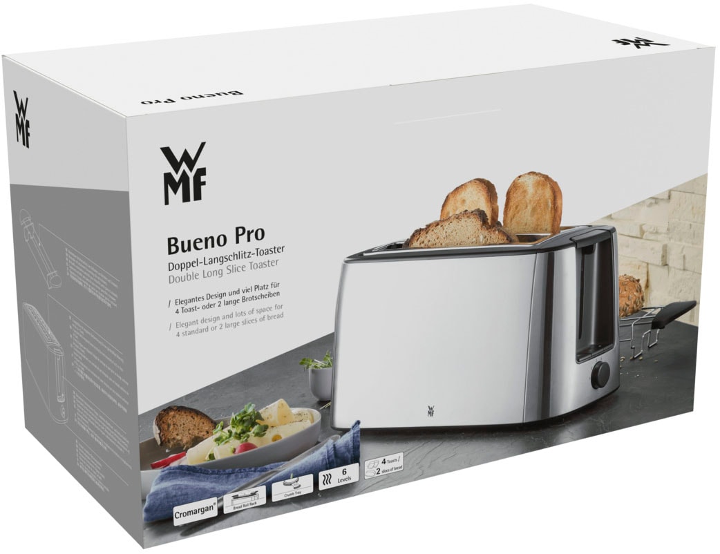 WMF Toaster »Bueno Pro, Doppel-Langschlitz-Toaster, XXL Toast, Brötchenaufsatz«, 2 lange Schlitze, für 4 Scheiben, 1550 W, 6 Bräunungsstufen, Brotzentrierung, Krümelschublade, Cromargan Gehäuse