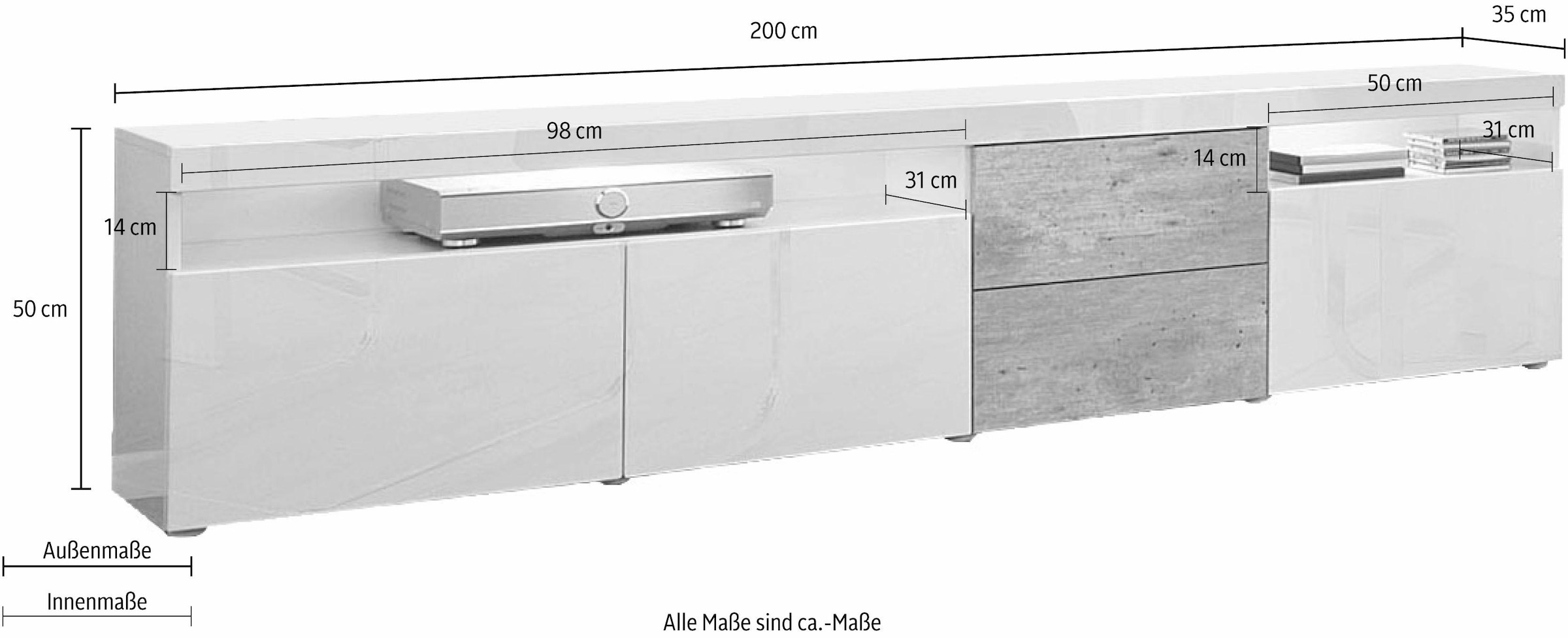 borchardt Möbel Lowboard »Kapstadt«, Breite 200 cm mit 2 Schubkästen