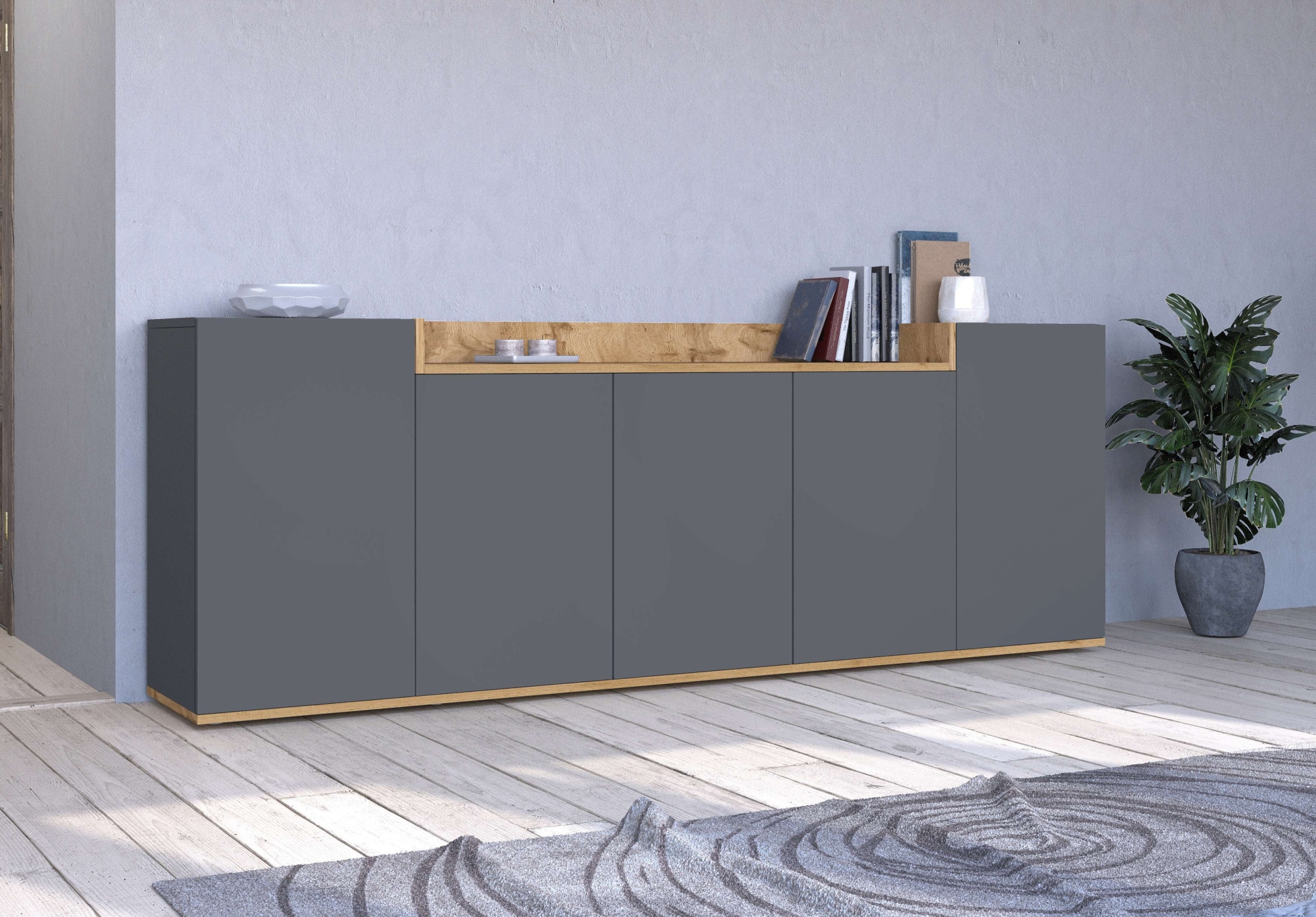 OTTO home Sideboard »BOLSENA, Kommode, Schrank,Lowboard mit 8 Fächer und offenes Ablagefach« 1 Stk. tlg. stehend/hängend montierbar, Made in Italy, B/T/H: 200 × 35 × 71,2 cm