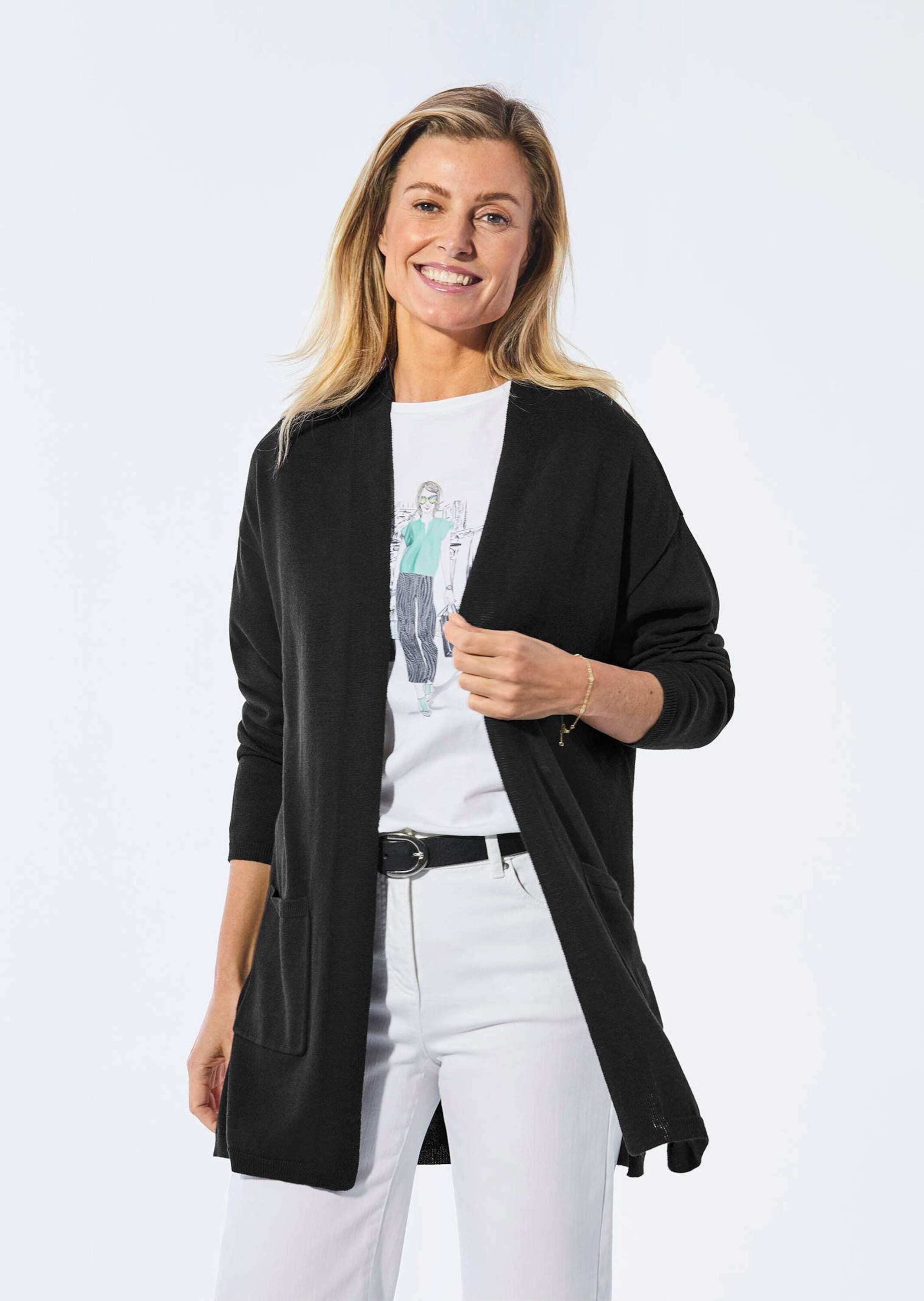 GOLDNER Strickjacke »Kurzgröße Longstrickjacke mit aufgesetzten Taschen«