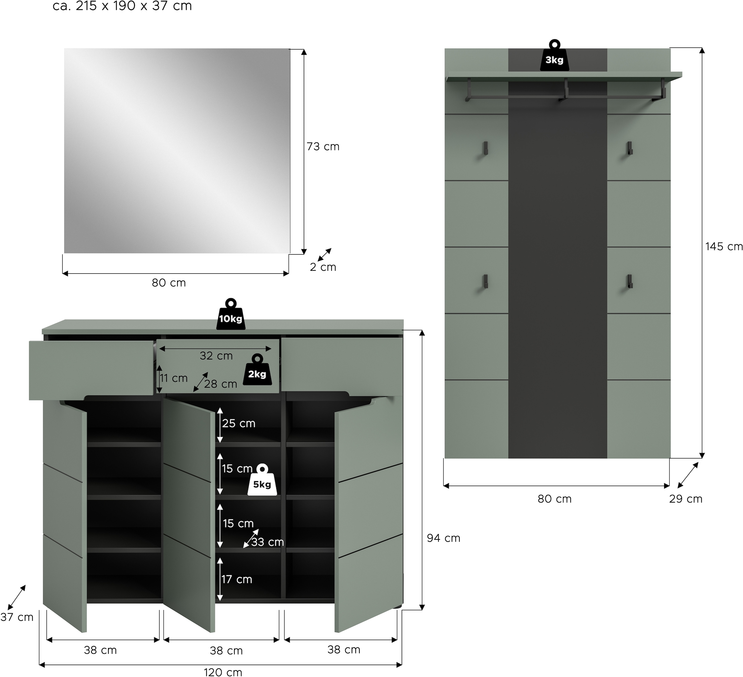 INOSIGN Garderoben-Set »REHAT, TOPSELLER!, 3-teilig, Breite 215 cm, individuell erweiterbar« Set, bestehend aus: Kommode, Spiegel und Garderobenpaneel, 3 Stk. tlg.
