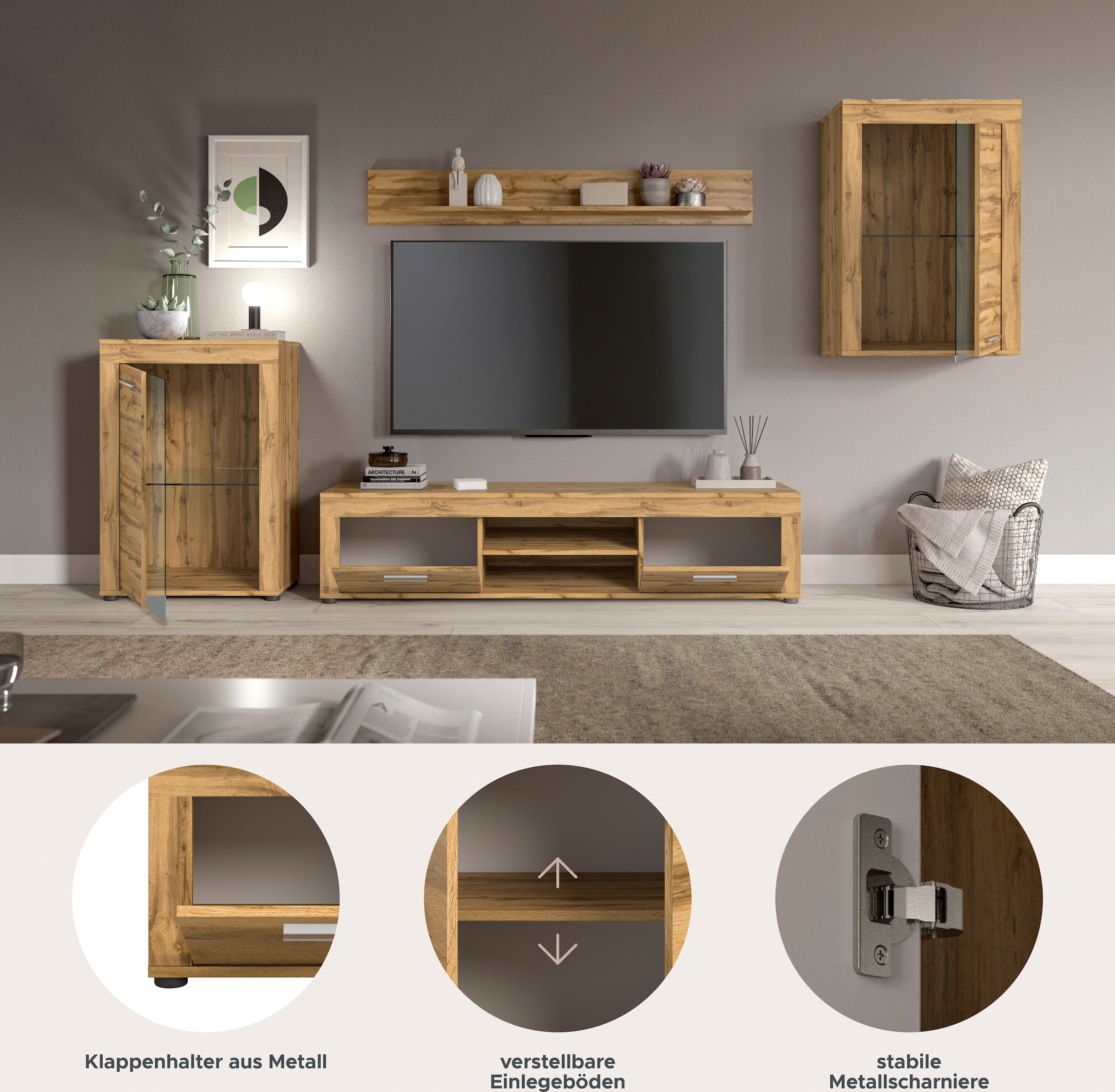 Home affaire Wohnwand »Aosta,  4-tlg., bestehend aus: 2x Vitrine, Lowboard & Wandboard« 4 Stk. tlg.