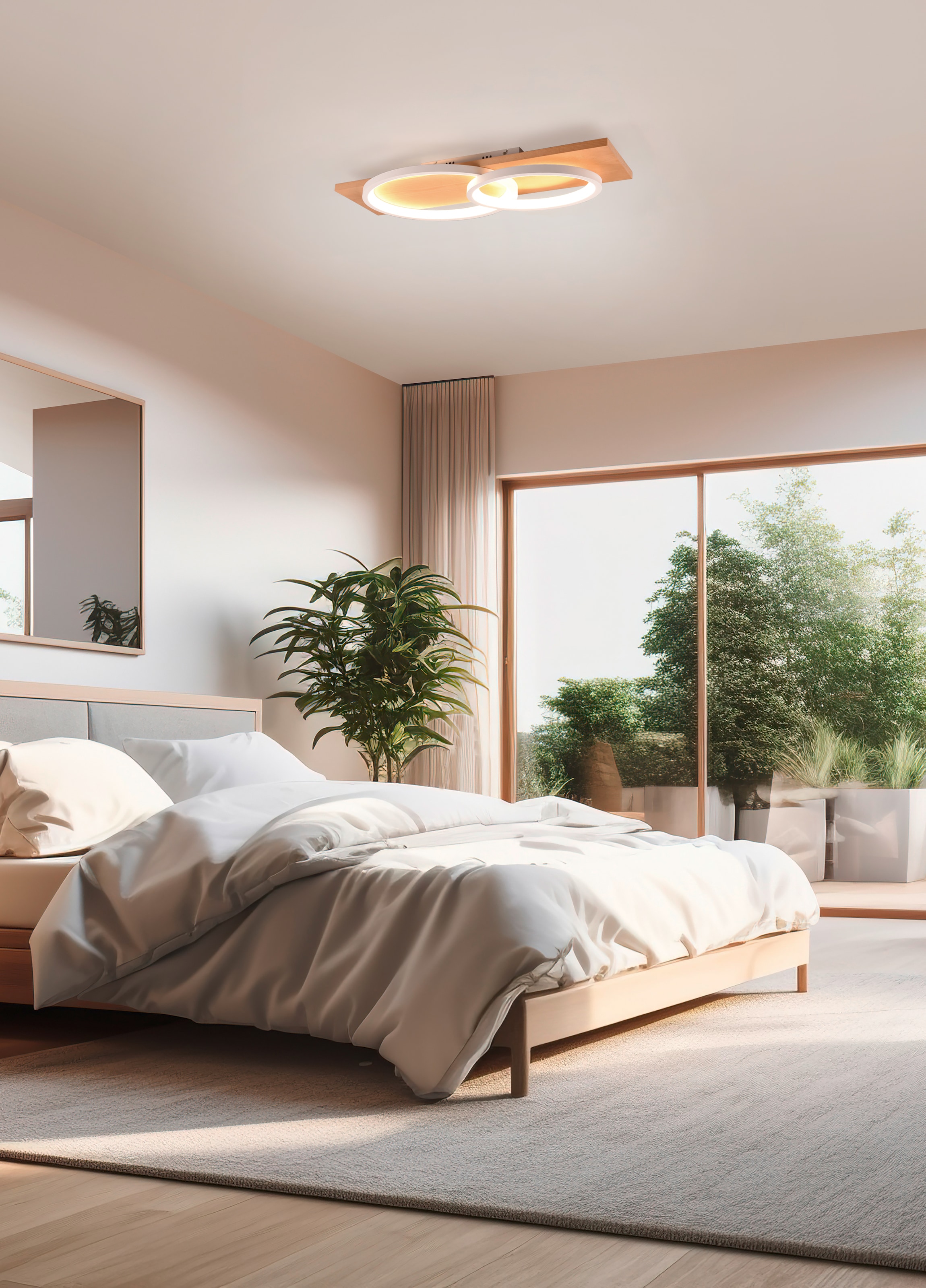 TRIO Leuchten LED Deckenleuchte »BARCA, dimmbare Deckenlampe aus Holz & Metall mit indirektem Licht« LED-Board 1 Stk. Warmweiß LED warmweiß & 3500 Lumen, für Wand- und Deckenmontage, 3 Dimmstufen