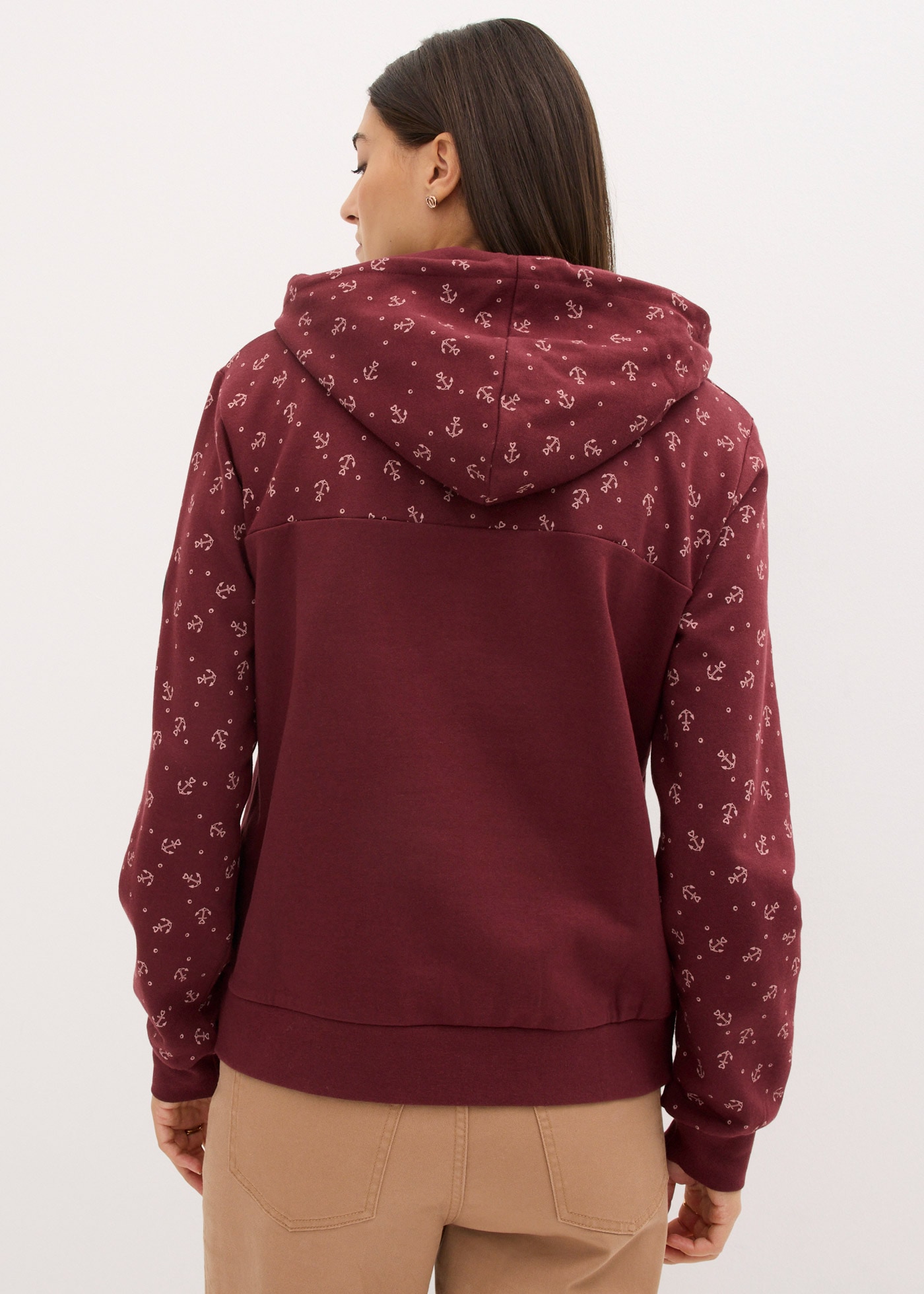 bonprix Hoodie »Kapuzensweatshirt mit Reißverschluss aus reiner Baumwolle«, lässig geschnittene Passform, mit maritimem Muster und Anker-Motiven
