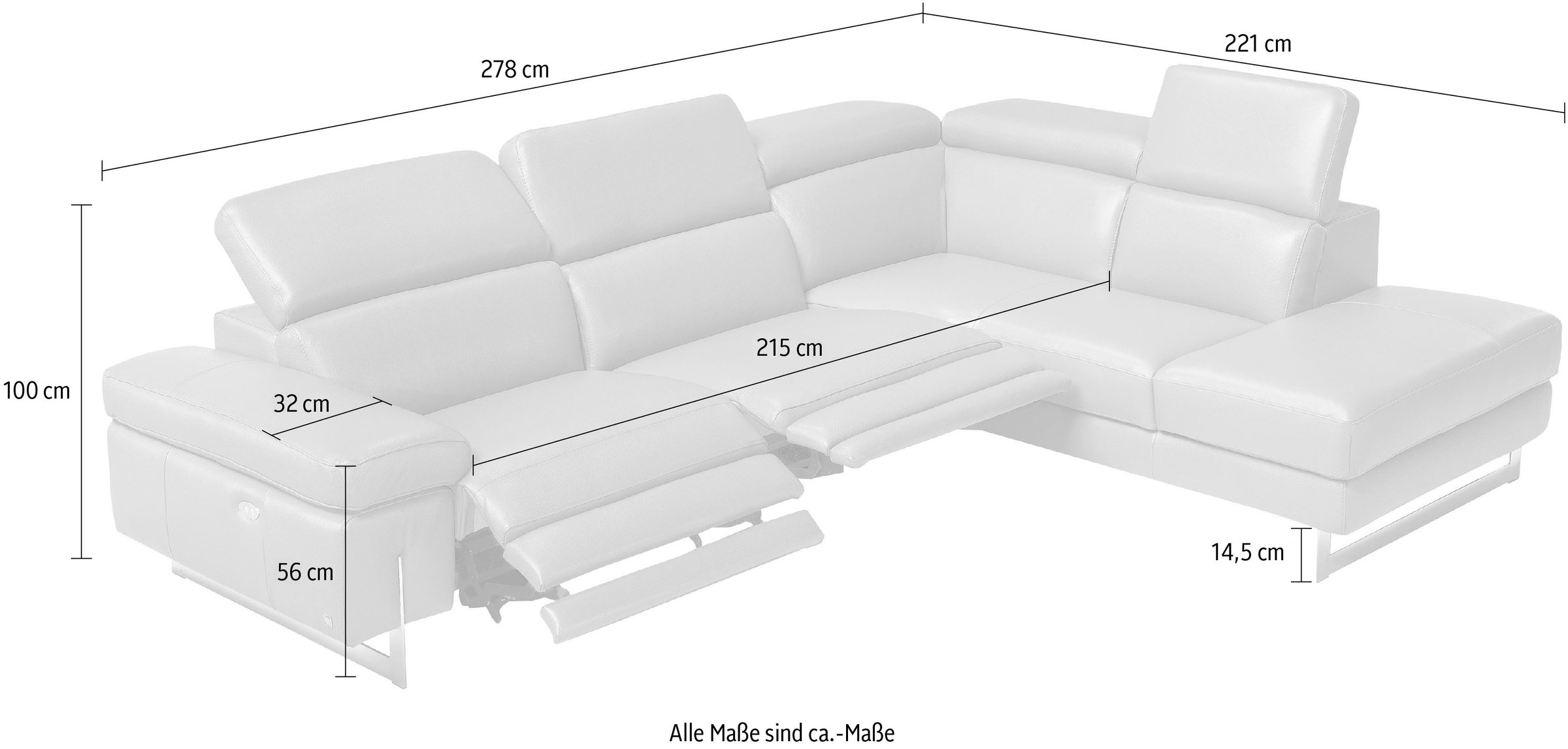 Egoitaliano Ecksofa »Candice, elegant, edel und bequem, erstklassiger Sitzkomfort, L-Form«, inkl. 2 elektrischer Relaxfunktionen, Bedienung über Taste an Armlehne