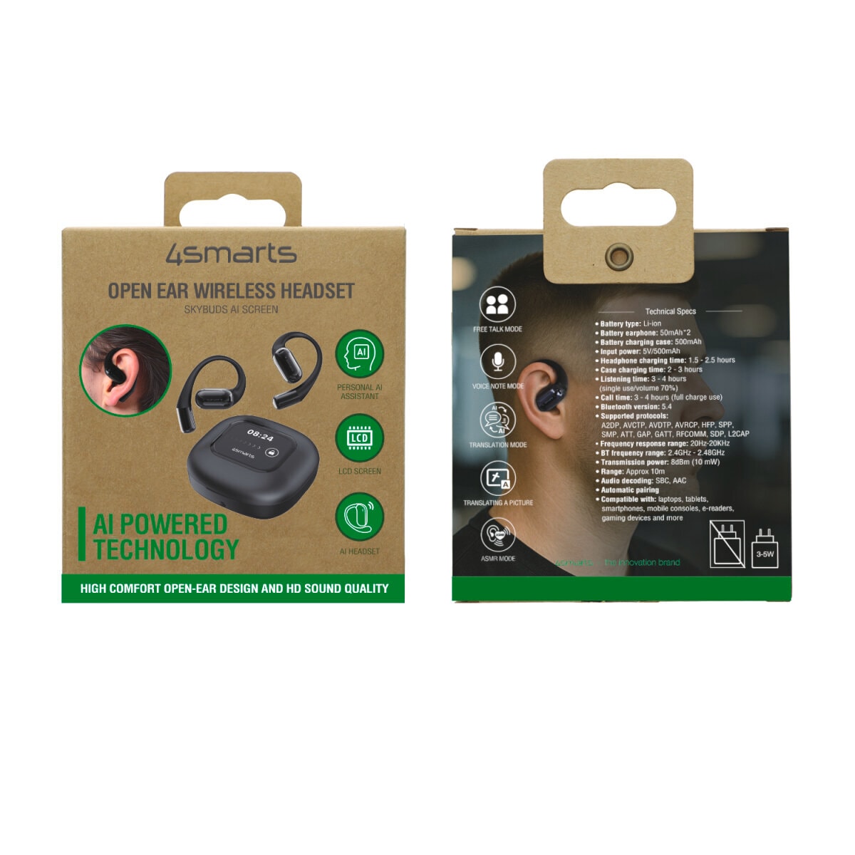 4smarts wireless Kopfhörer »Open-Ear Bluetooth Kopfhörer SkyBuds AI Screen«, A2DP Bluetooth-AVRCP Bluetooth-HFP, Freisprechfunktion