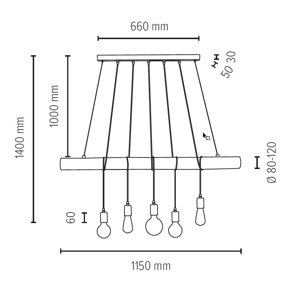 SPOT Light Pendelleuchte »TRABO LONG«, 5 flammig, Leuchtmittel E27 | ohne Leuchtmittel, Hängeleuchte, mit Massivholzbalken Ø 8-12 cm, Naturprodukt, Kürzbar