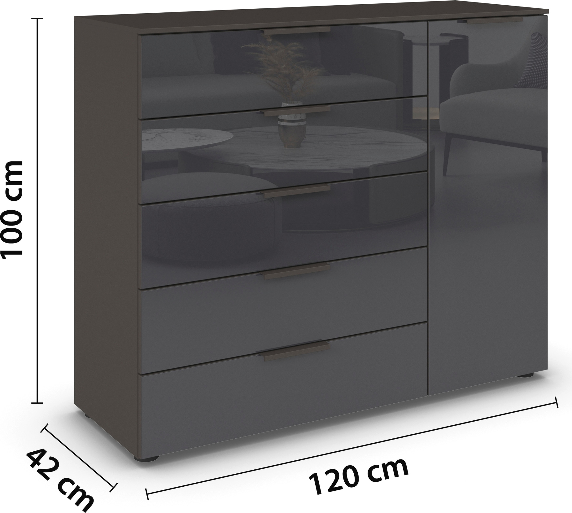 rauch Schubkastenkommode »Kommode Türkommode Sideboard Kombikommode FLIPP mit Glasfront«, (Breite 120 cm mit 2 Einlegeböden), 1-türig mit 5 Schubladen und Soft-Close-Funktion sowie Glasfront