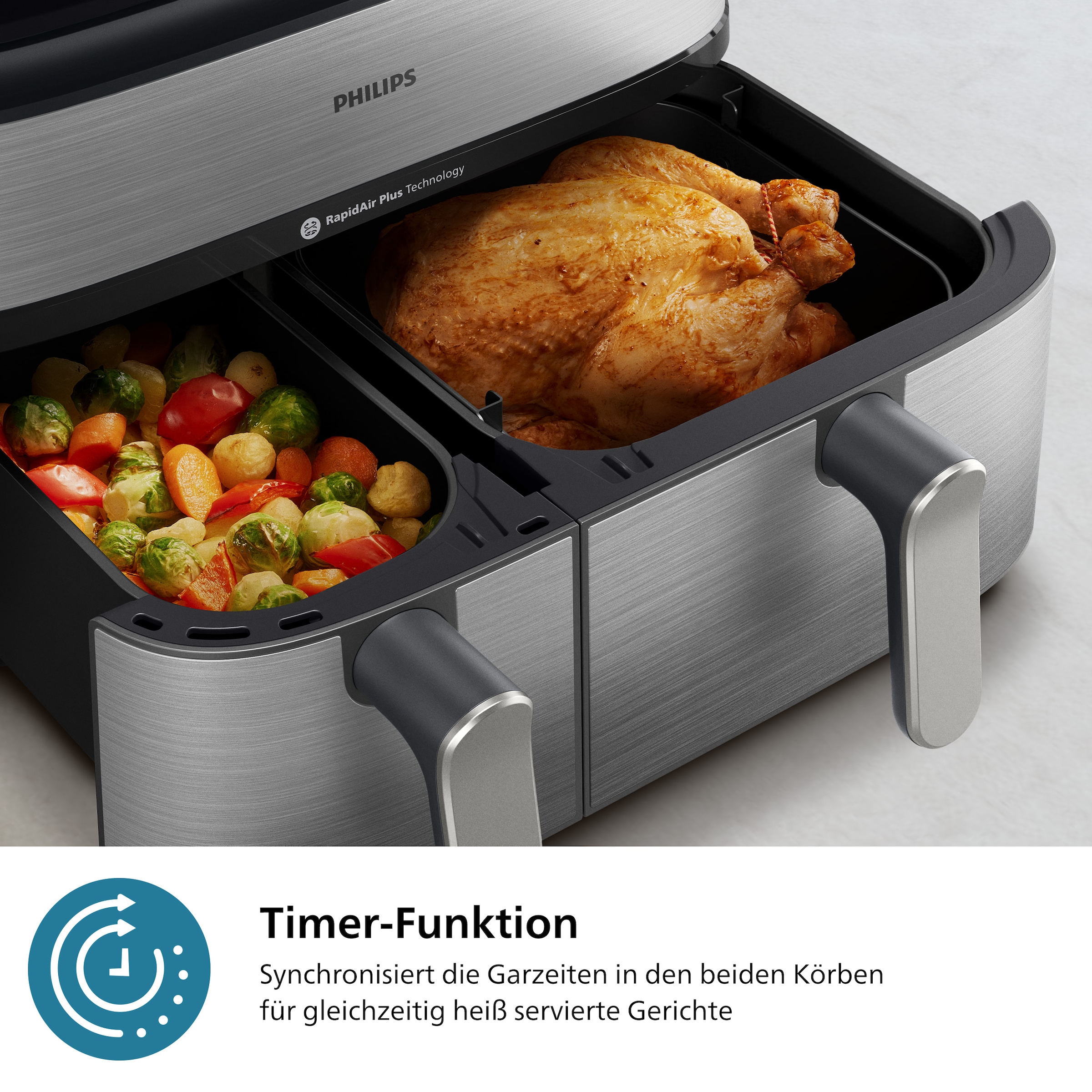 Philips Heißluftfritteuse »NA555/00 Steam Airfryer 5000 Series Dual Basket, 9L Kapazität (3L+6L)«, 2750 W, mit Dampfgar-Funktion; Silber/Edelstahl