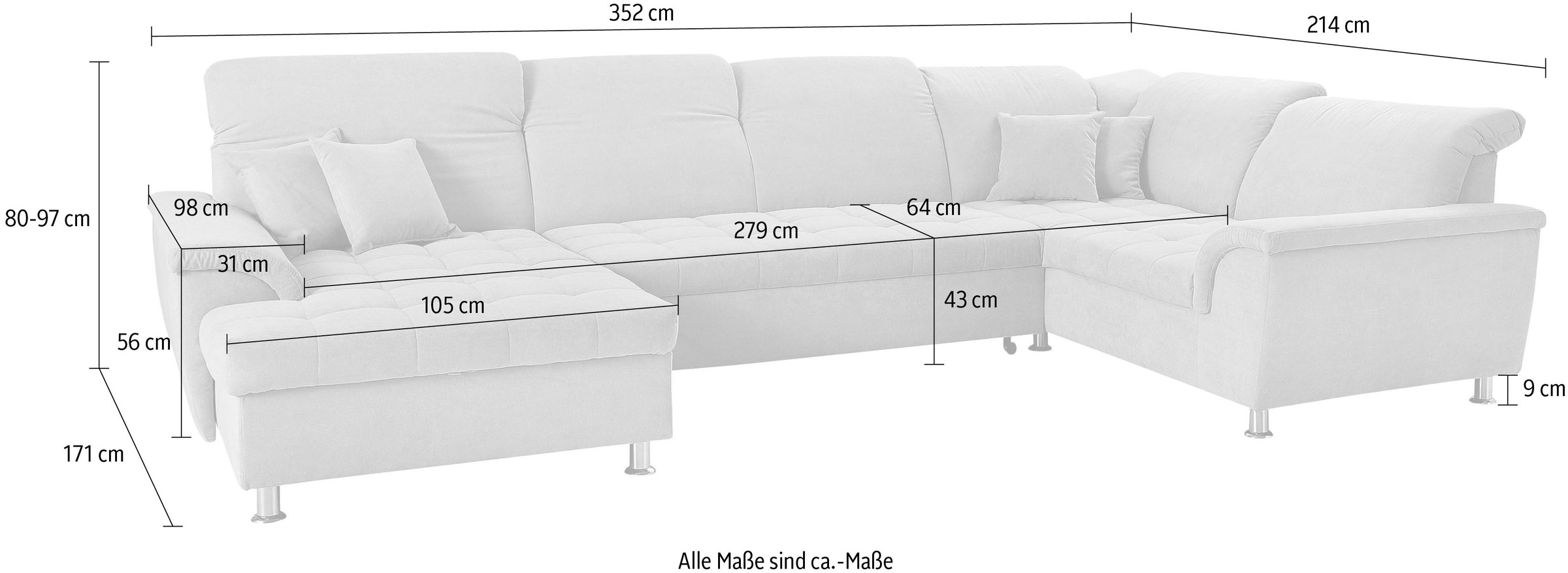 DOMO collection Wohnlandschaft »Franzi XXL-Format B/T: 352/214 cm, belastbar bis 140kg/ Sitz, U-Form«, Flachgewebe, grau