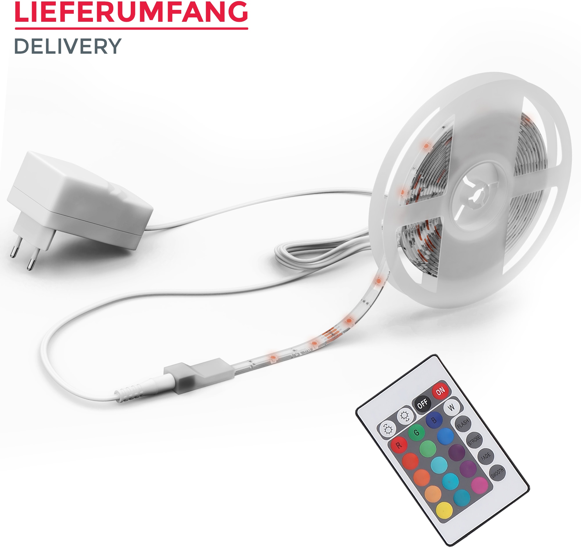 B.K.Licht LED Stripe, RGB-LED Flexband 5 Meter, inkl. 150 x RGB-LED je 0,16 Watt, Gesamtwatt 24 Watt, inkl. IR Fernbedienung, Farbwechsler
