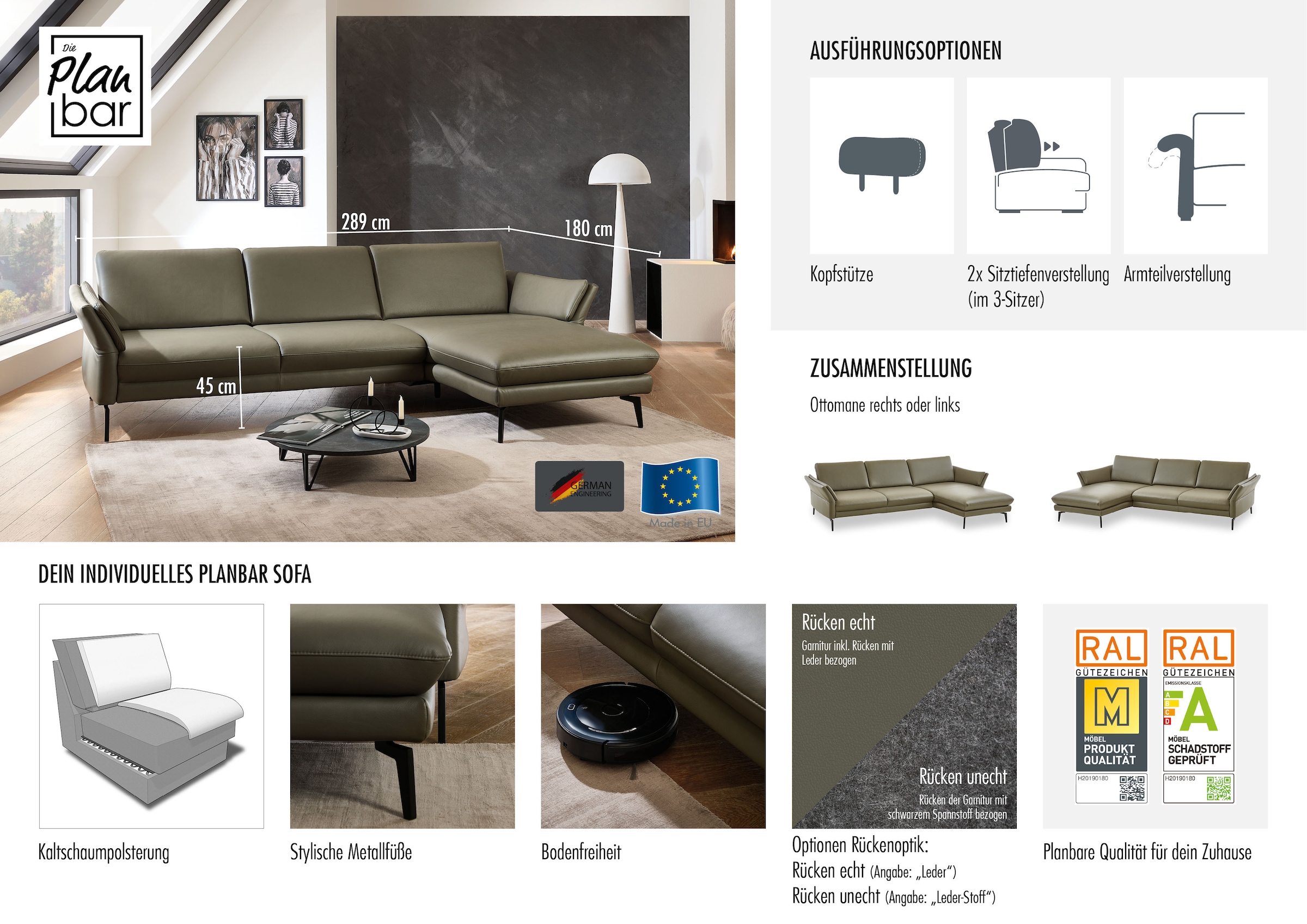 Die PlanBar Ecksofa »PN-EM23050, L-Form, Breite 289 cm« Optional mit Echtleder-Rücken, Kopfstütze, Sitz- und Armverstellung