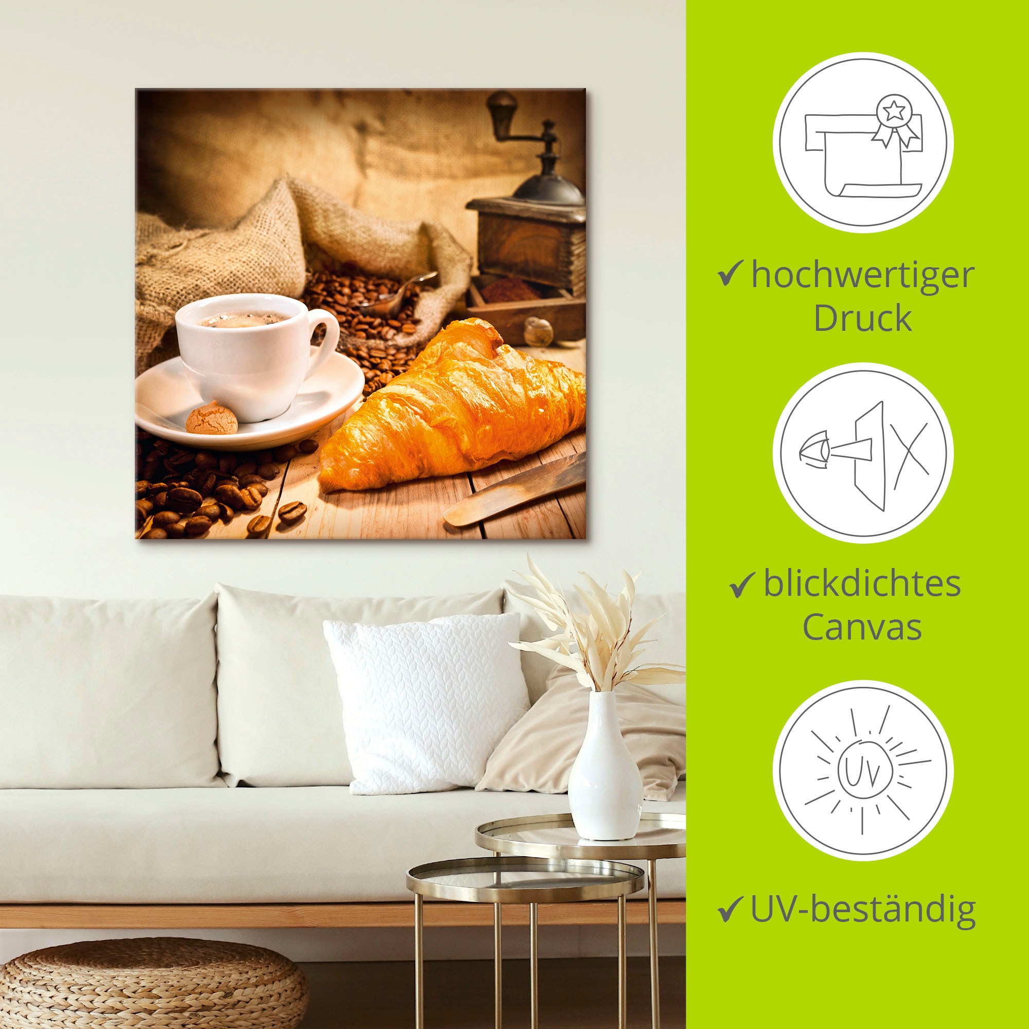 Artland Leinwandbild »Kaffeetasse mit Croissant« Getränke 1 Stk. tlg. auf Holzrahmen gespannt