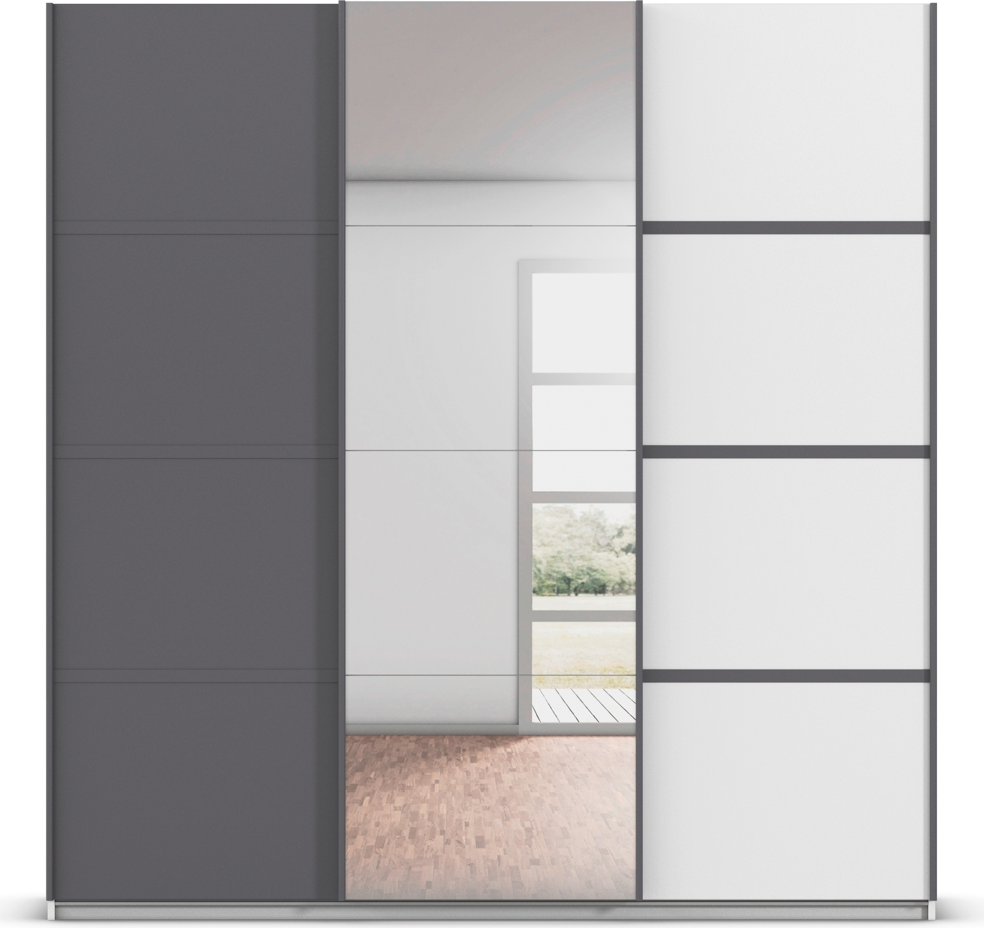 rauch Kleiderschrank »Schwebetürenschrank OTTO´s Choice Garderobe Schrank TOP ANGEBOT Avola« in 3 verschiedenen Ausstattungen BASIC/CLASSIC/PREMIUM inkl. Spiegel,  mit eleganten Zierleisten in Chrom, Schwarz oder Weiß MADE IN GERMANY