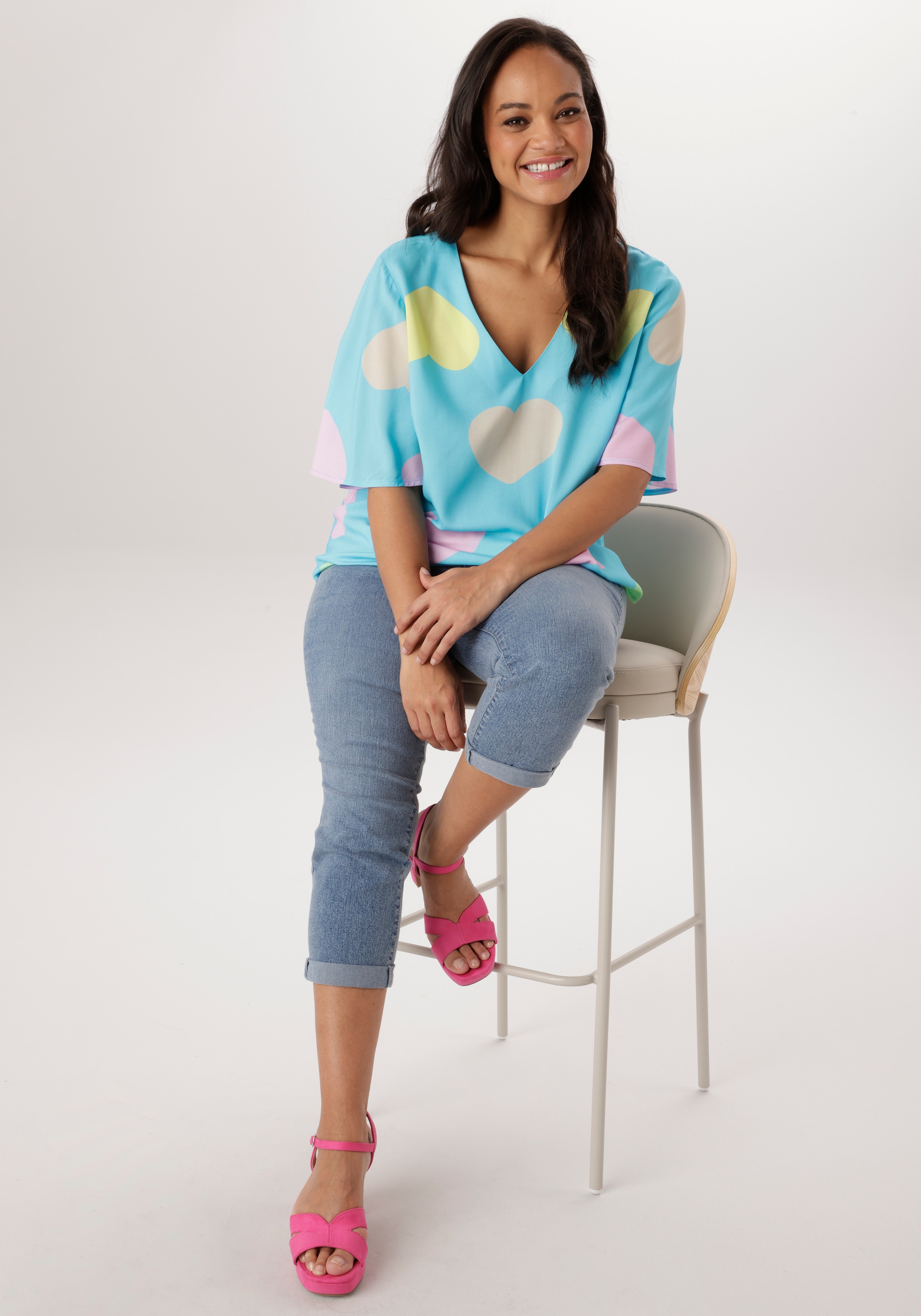 Aniston PLUS Schlupfbluse mit farbigen Herzen bedruckt- jedes Teil ein Unikat - NEUE KOLLEKTION