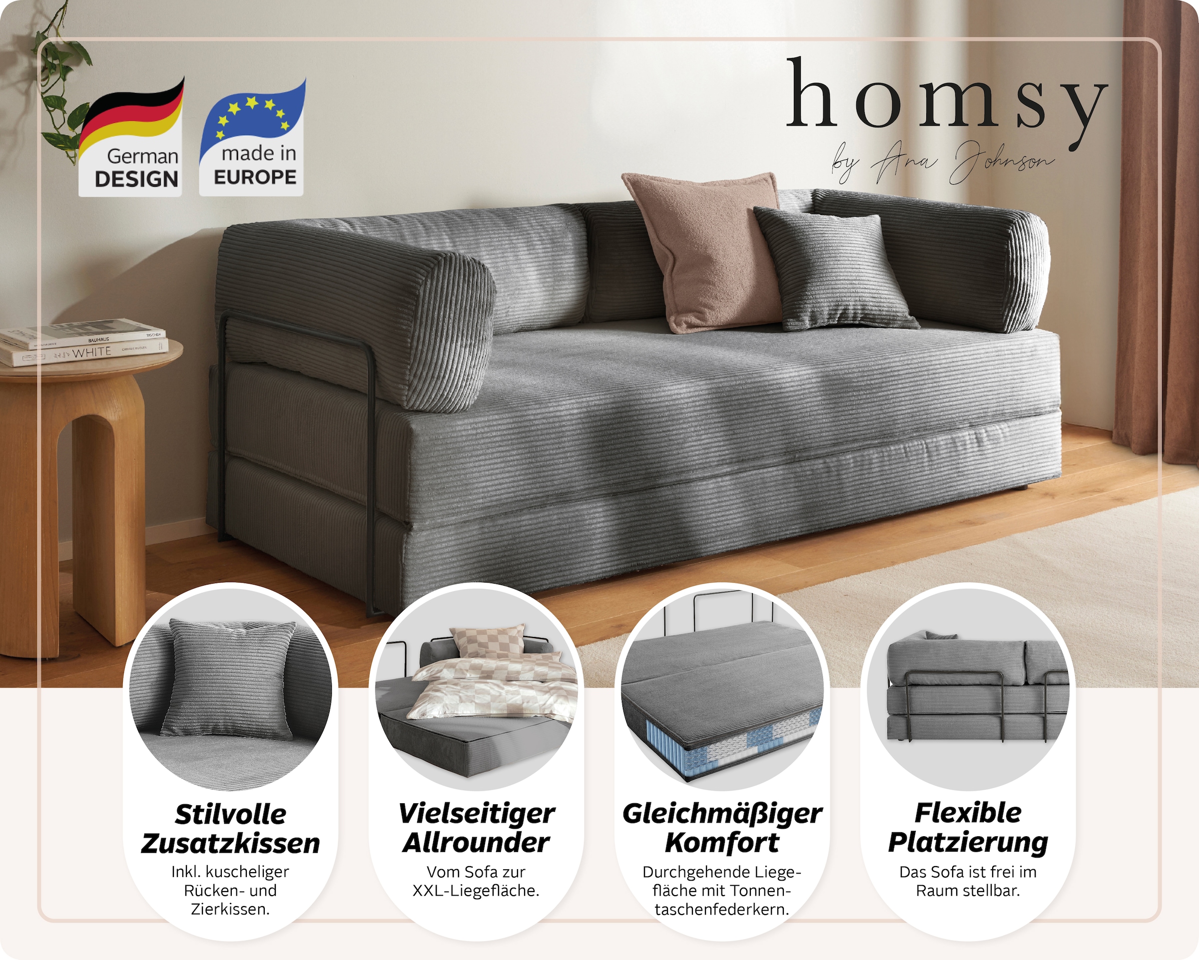 homsy by Ana Johnson Schlafsofa »Folda, Dauerschläfer, Breite 206 cm, Liegefläche 181x198 cm« mit Bett-/Schlaffunktion, inkl. 1x Zierkissen, Tonnentaschenfederkern