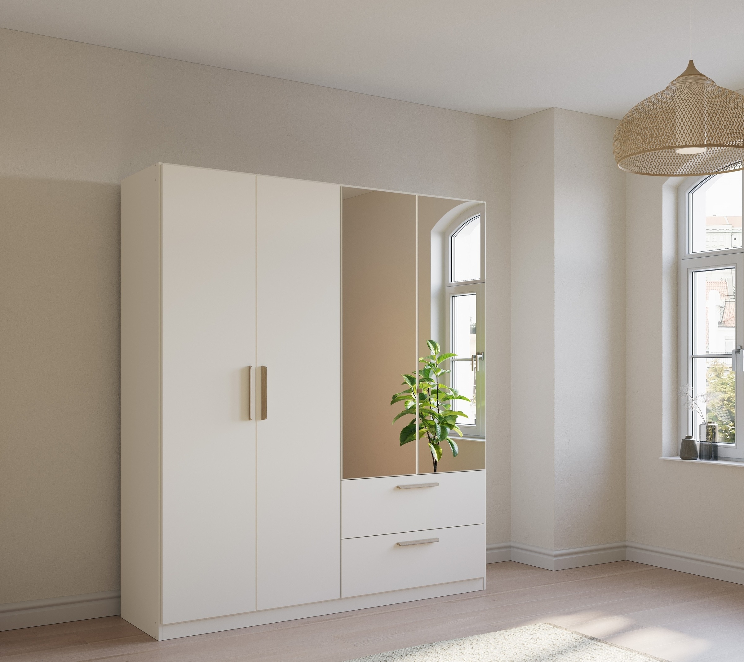 rauch Kleiderschrank »Skandi by Quadra Spin Schlafzimmerschrank«, im Landhaus-Stil mit Massivholzgriffen, mit Schubladen und Spiegel