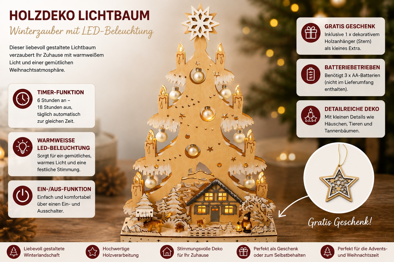 OTTO home Weihnachtsszene »Fensterdeko, Lichtbaum« mit golden Kugeln und LED Kerzen, weihnachtliche Motive