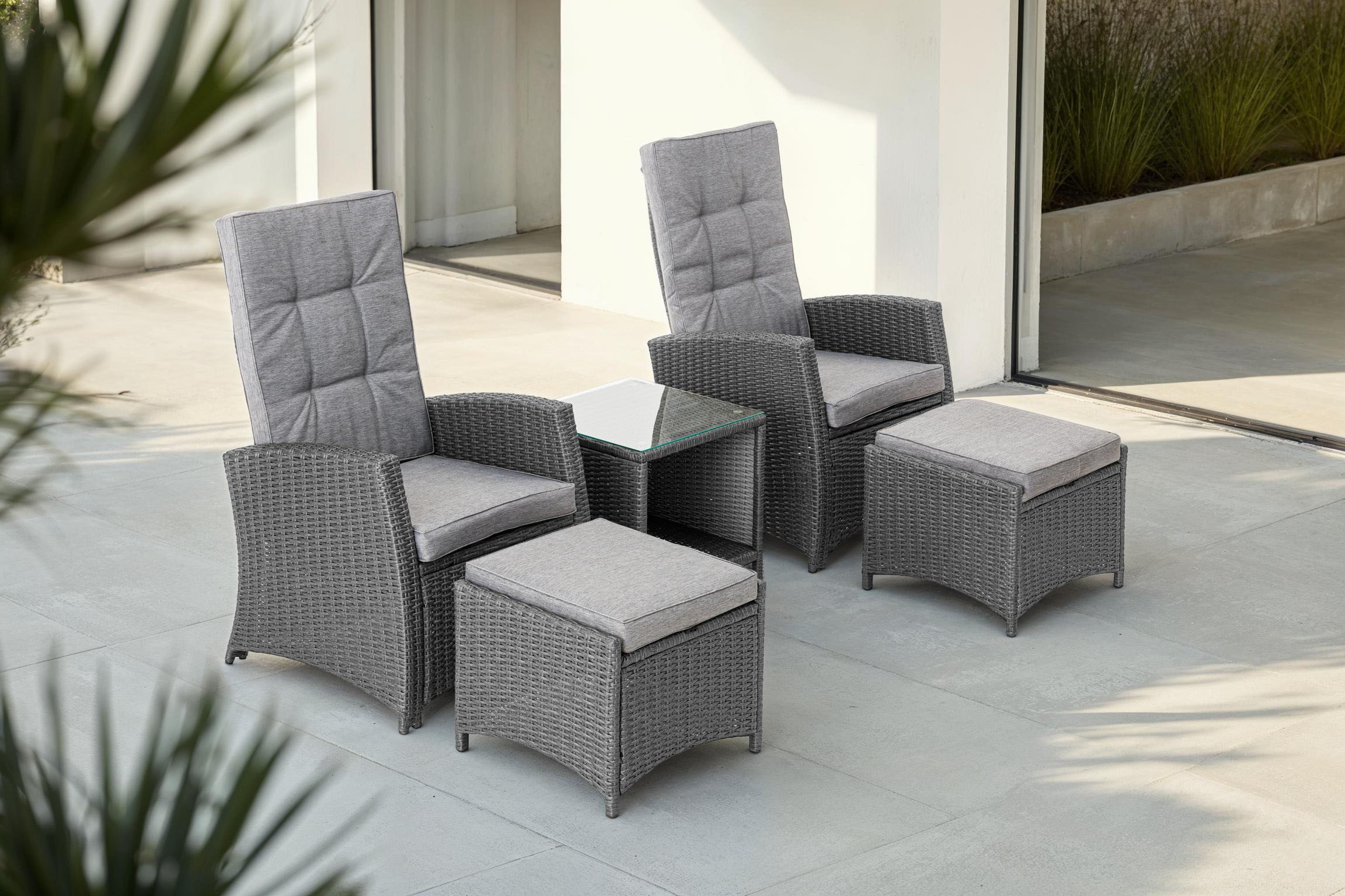KONIFERA Garten-Essgruppe »»New Paris««, (Set, 11 tlg., 2 Sessel, Rückenlehne verstellbar, Tisch 50x50x51,5 cm, 2 Hocker), inkl. Auflagen, Aluminium/Polyrattan