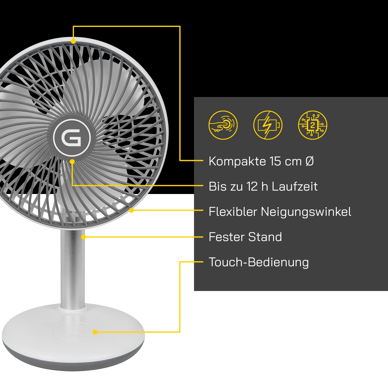 Gutfels Tischventilator »»VENTI 3010 R««, 15 cm Durchmesser, kompakt, mit Touch- Bedienung und eine Laufzeit von 12 h