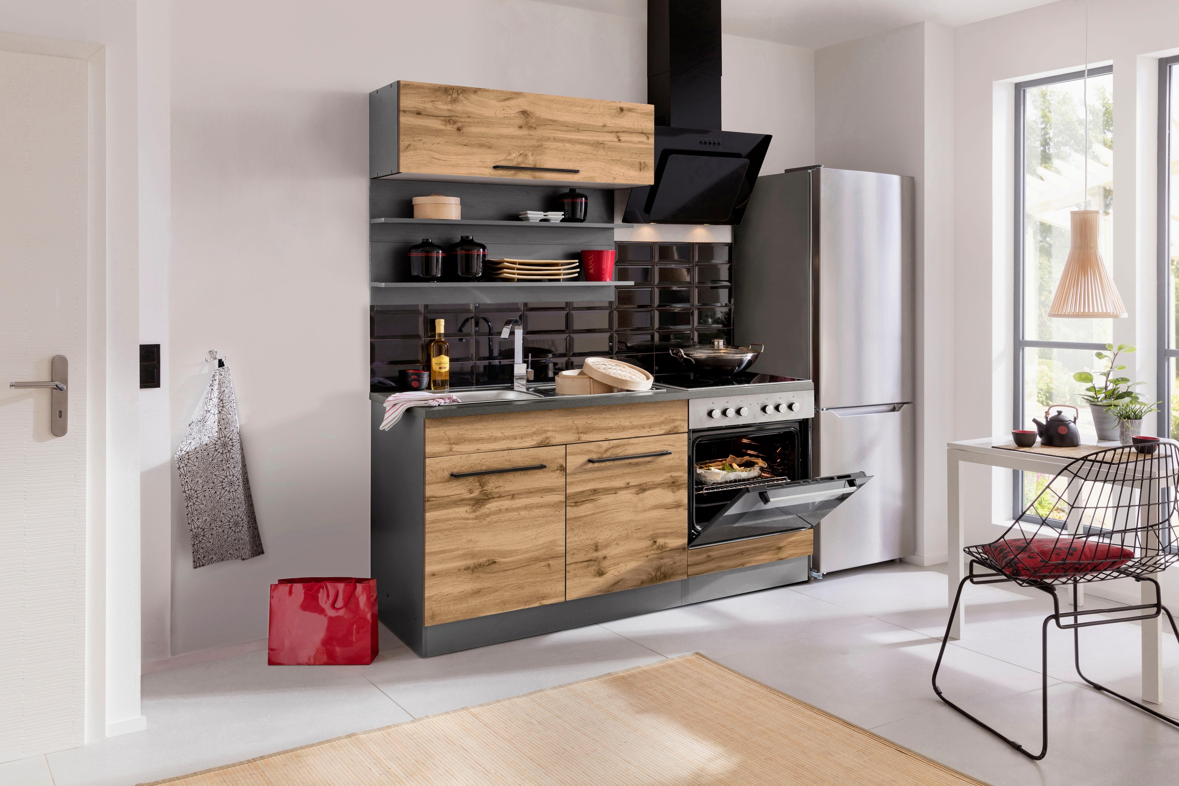 KOCHSTATION Küchenzeile »KS-Tulsa«, Breite 160 cm, schwarze Metallgriffe, hochwertige MDF Fronten