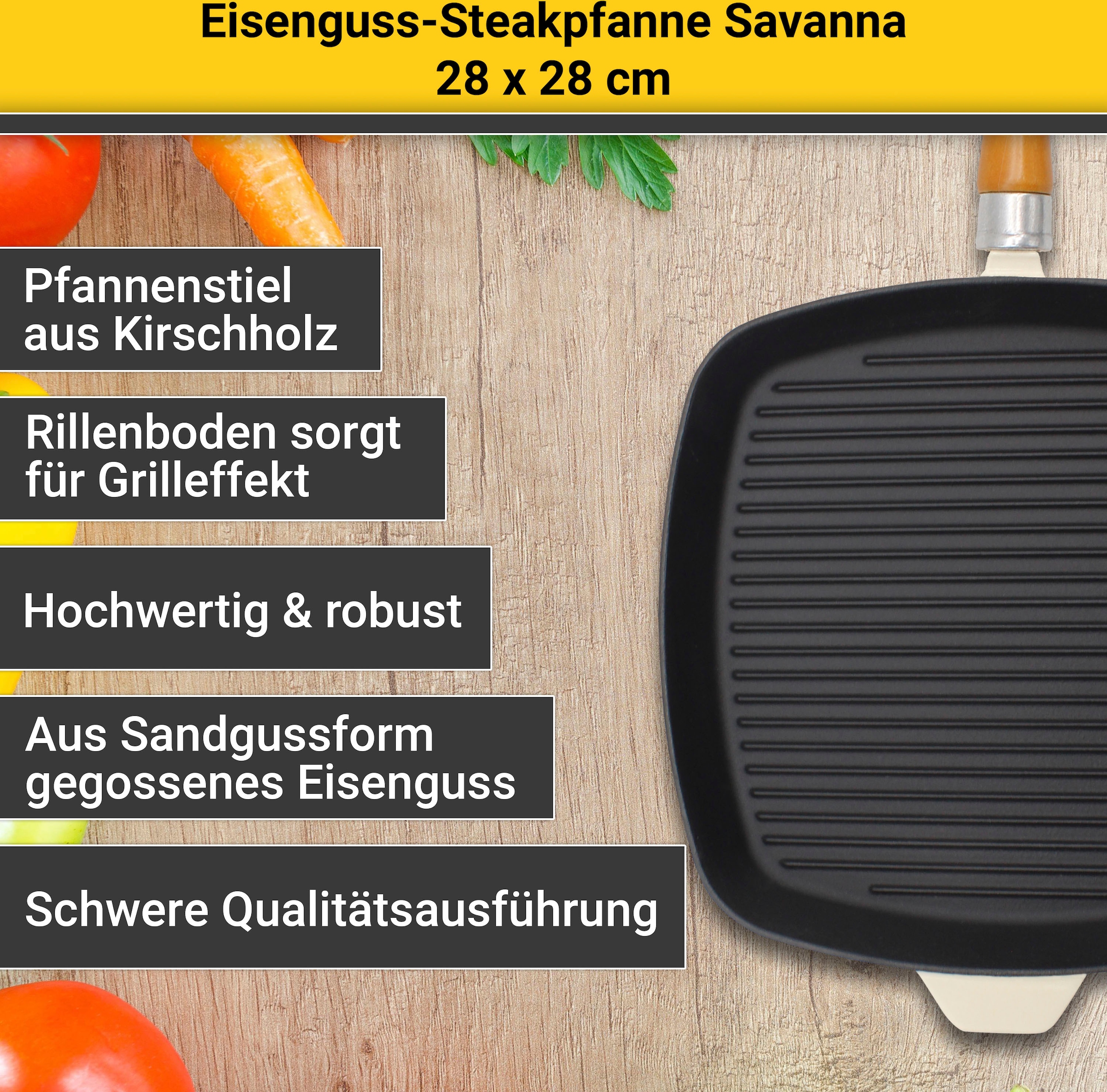 Krüger Steakpfanne »Einsenguss Grill-/ Steakpfanne SAVANNA, 28 x 28cm«, Gusseisen, (1 tlg.), für Induktions-Kochfelder geeignet