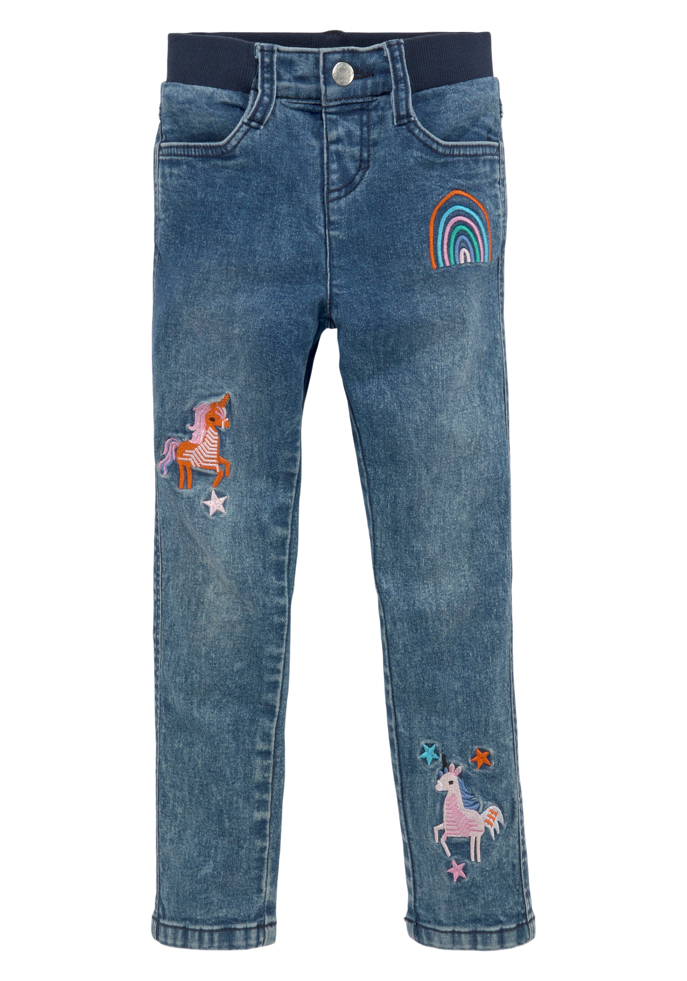 KIDSWORLD Stretch-Jeans », Basic Jeans mit toller Stickerei«, schmale Beinform, mit verstellbarem Gummizug am Bund, lang