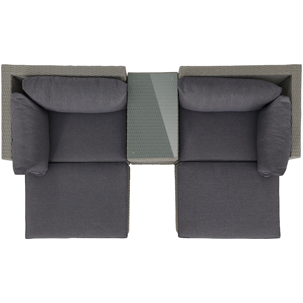 KONIFERA Gartenlounge-Set »Dallas«, (Set, 13 tlg., 2xSessel, 2xHocker, 1xTisch 70x40x51cm,inkl. Auflagen,Stahl/Polyratten), Balkonset, Loungeset, verschiedene Stellmöglichkeiten