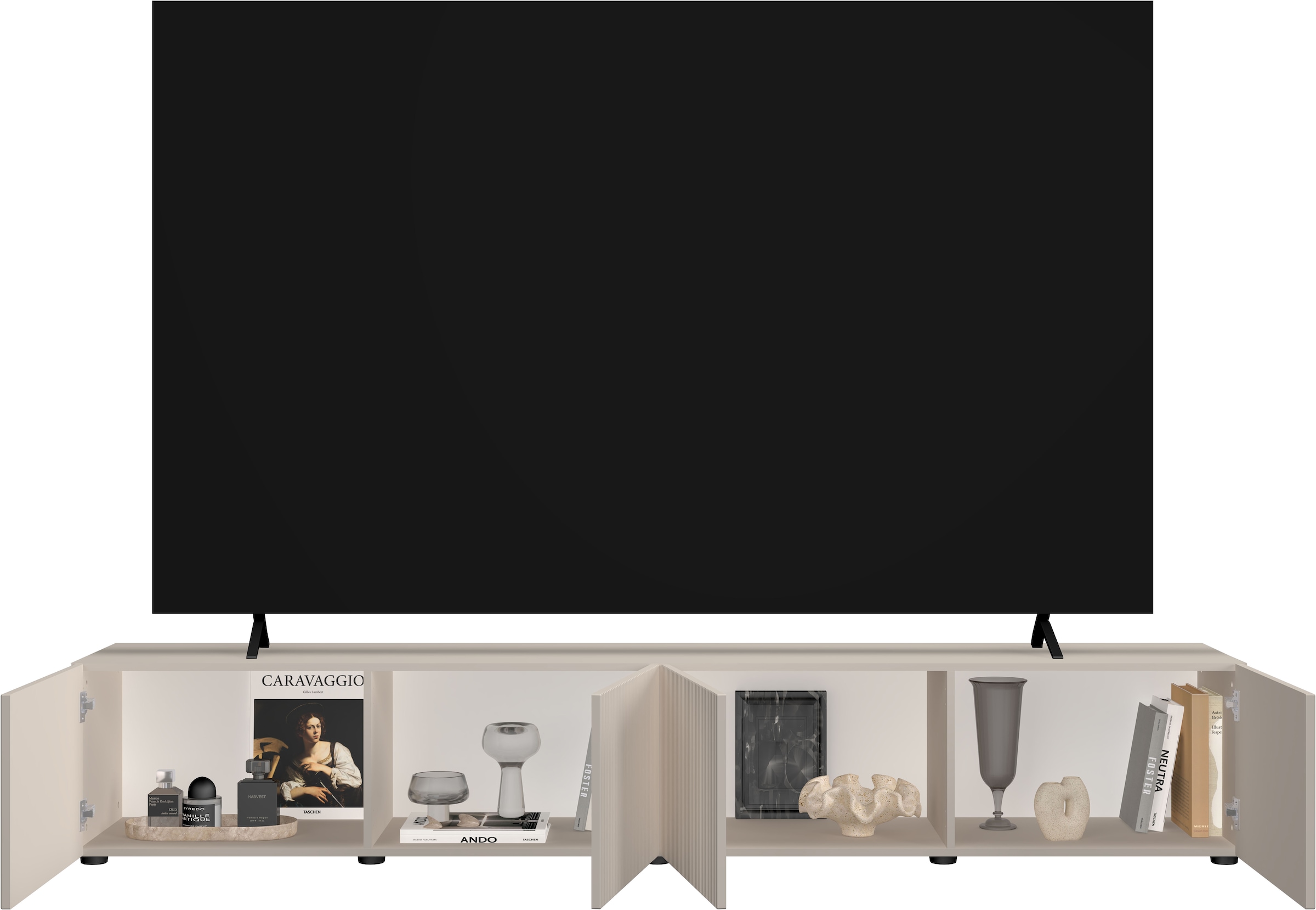 OTTO home Lowboard »Rio, 245 cm breit, 47 cm tief, 4 Türen mit geriffelten MDF Fronten« Modernes Lowboard für bis zu 98-Zoll-TV – perfekt für die WM